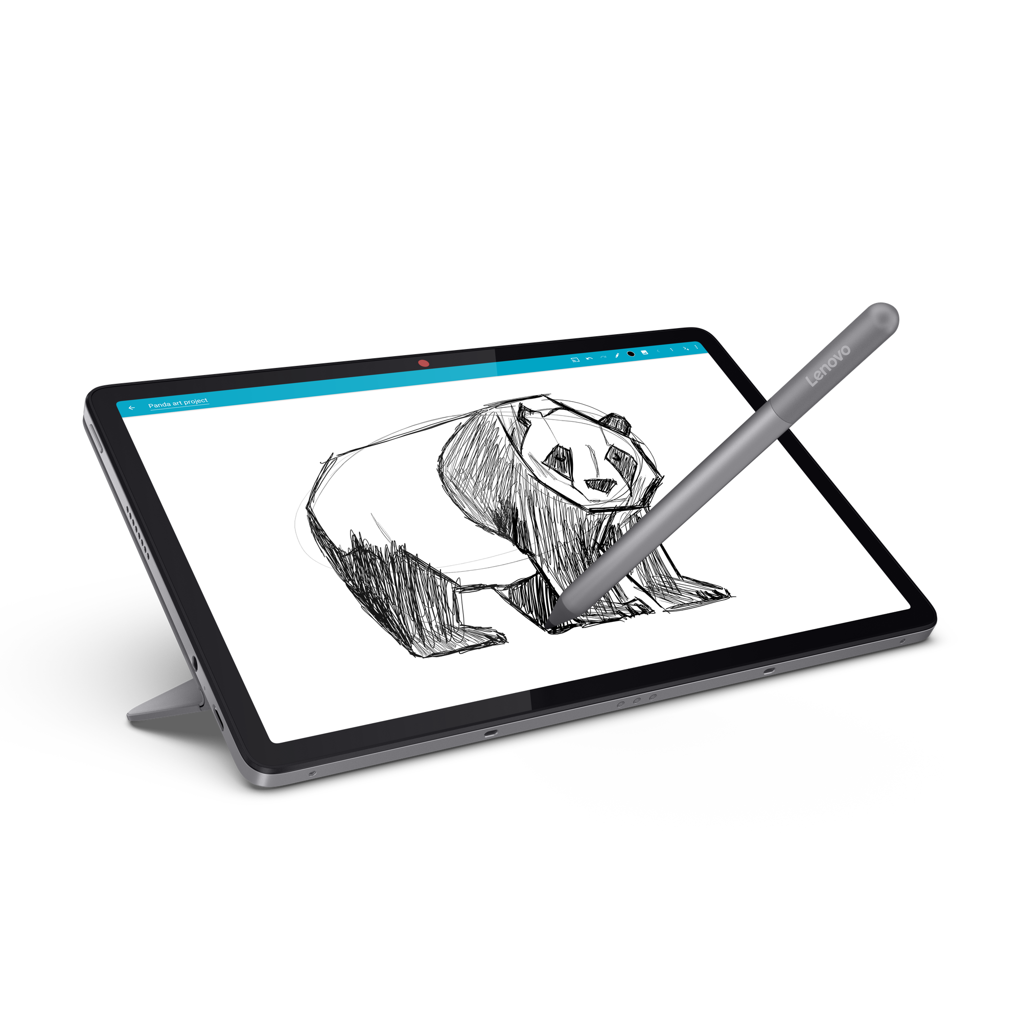 Ein Lenovo-Tablet auf einem Ständer mit einem Stift zeigt eine Panda-Skizze auf schwarzem Hintergrund.