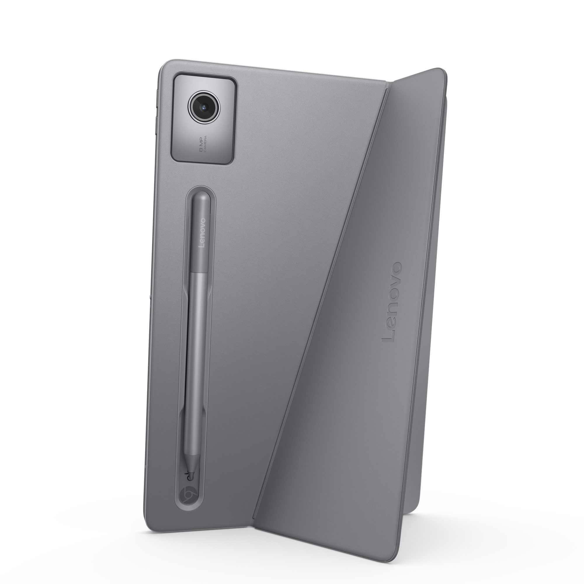 Graues Lenovo-Tablet im Faltetui mit Stift auf schwarzem Hintergrund.