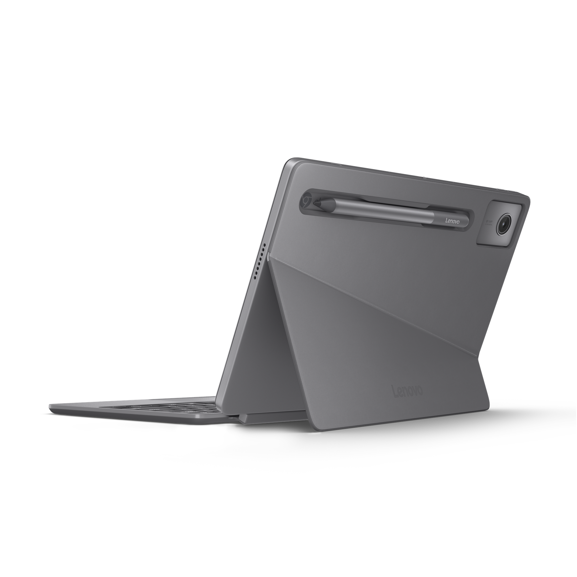 Graues Lenovo-Tablet mit Stift und Tastatur auf schwarzem Hintergrund.