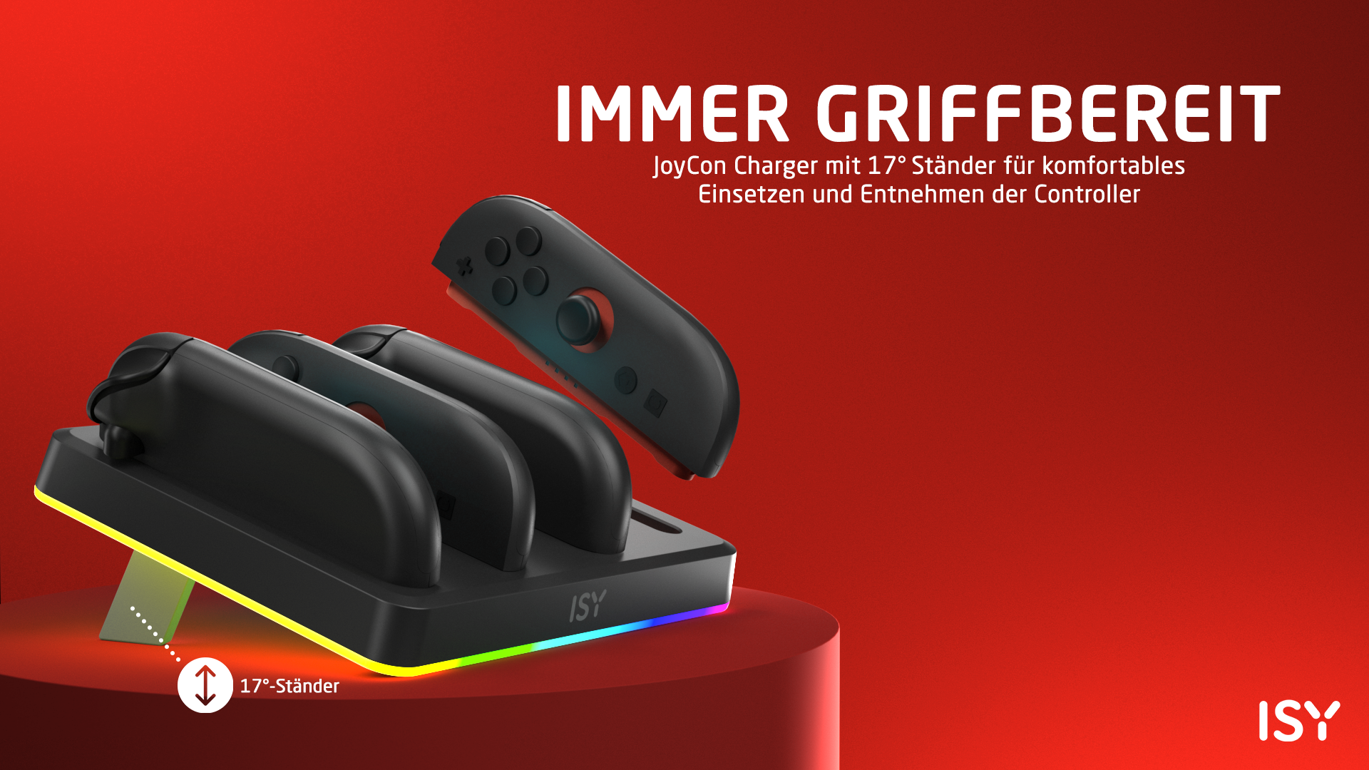 Schwarzer Joy-Con-Ladeständer mit RGB-Beleuchtung auf rotem Hintergrund und dem Text Immer griffbereit.