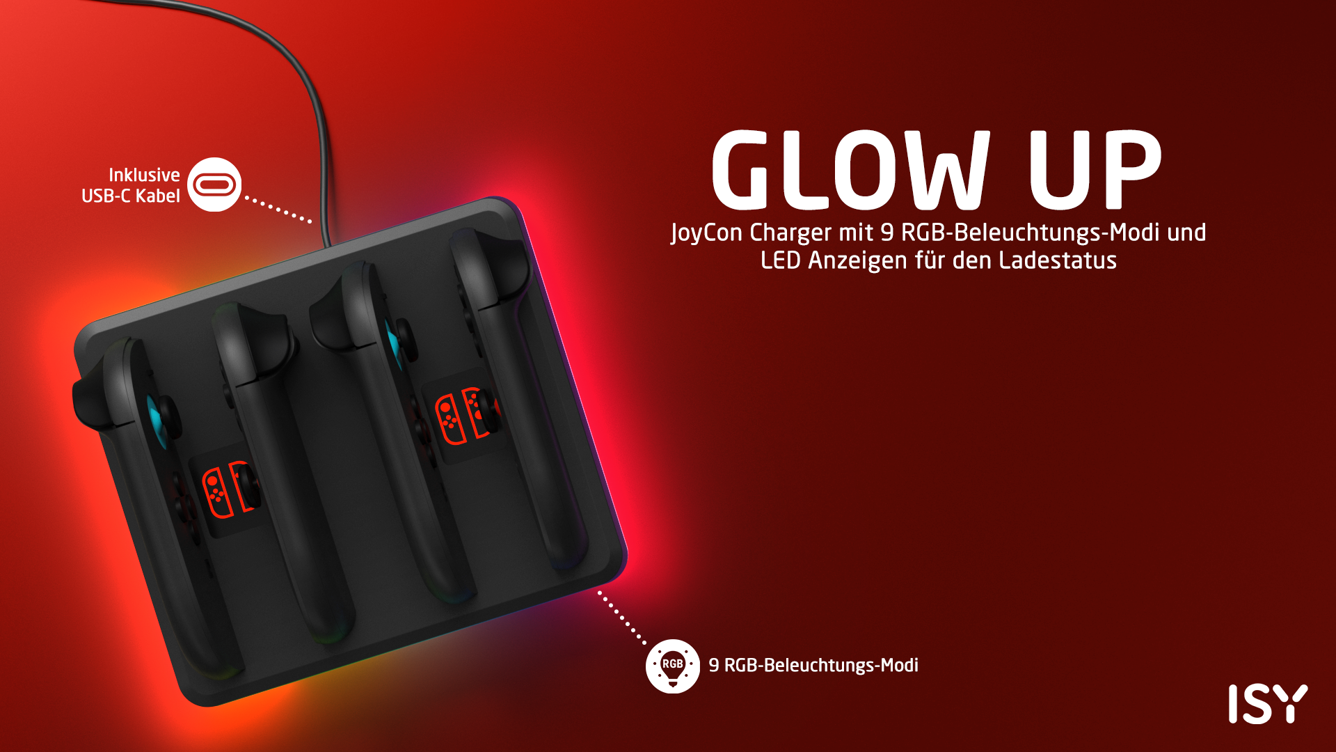 Schwarze Ladestation für vier Joy-Cons mit roter RGB-Beleuchtung auf rotem Hintergrund mit Text.