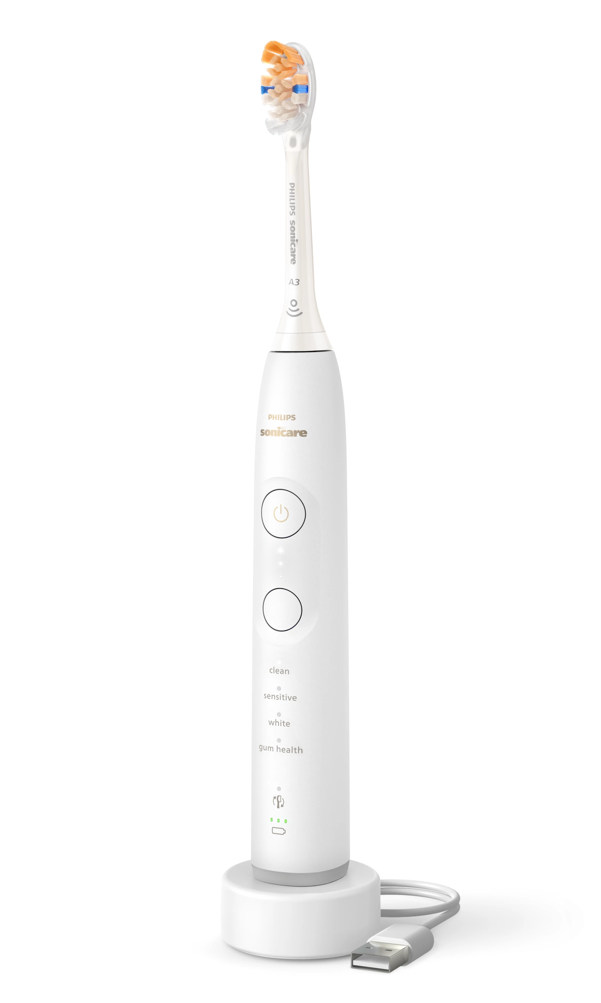 Eine weiße Philips Sonicare elektrische Zahnbürste steht auf einer Ladestation mit angeschlossenem USB-Kabel.