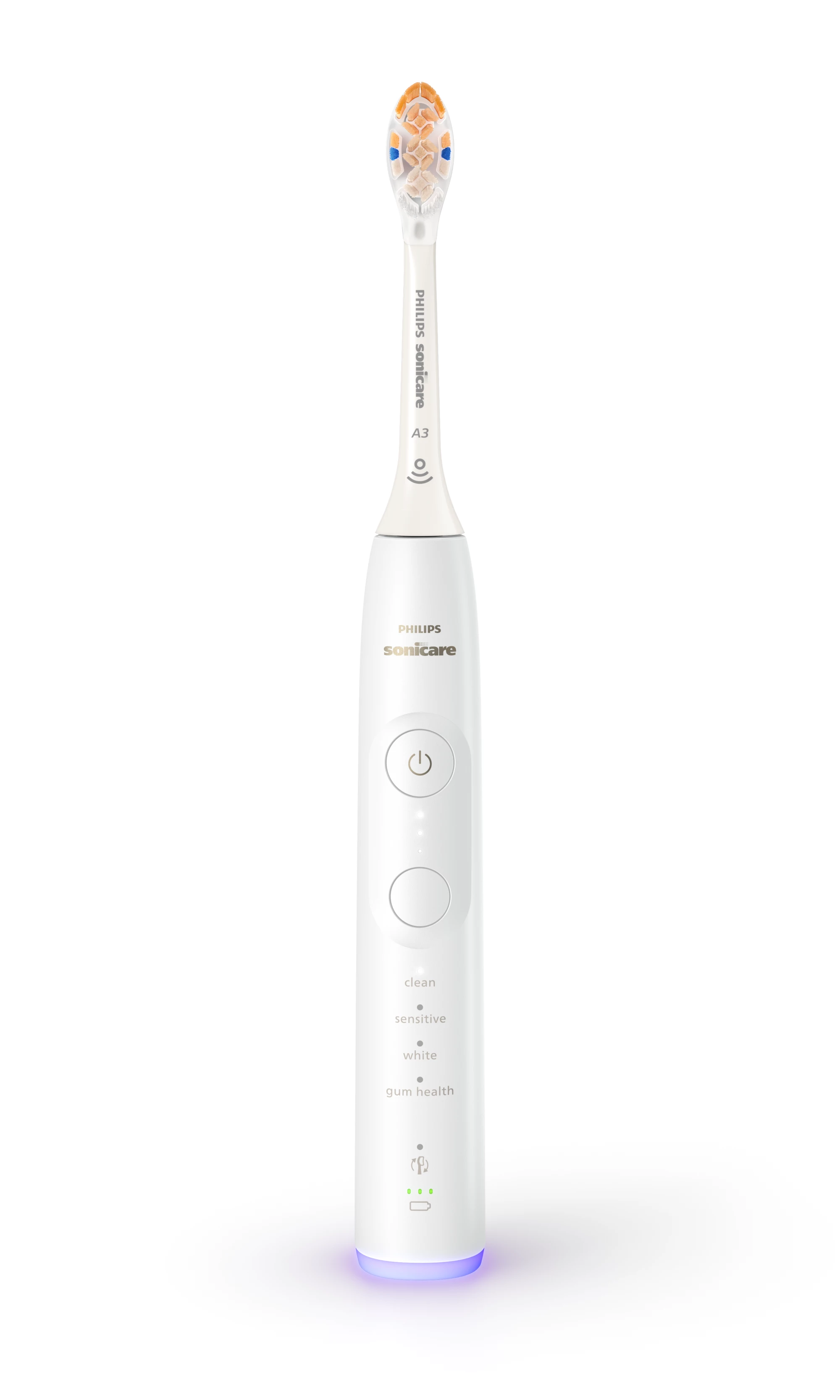 Eine weiße Philips Sonicare A3 elektrische Zahnbürste mit beleuchteter Basis auf weißem Hintergrund.