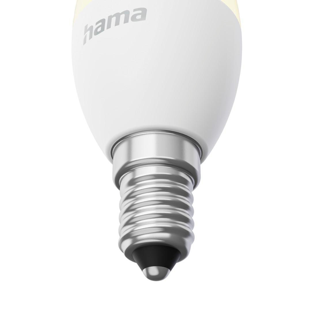 Nahaufnahme einer Hama LED-Glühlampe mit E14-Schraubsockel auf weißem Hintergrund.