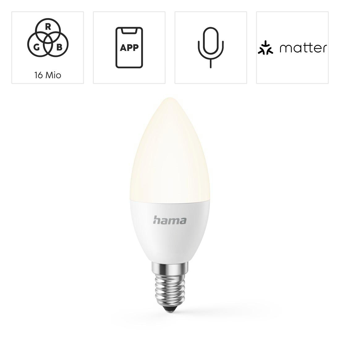 Eine Hama LED-Kerzenlampe mit App-, Sprach- und Matter-Steuerung sowie RGB-Farben.