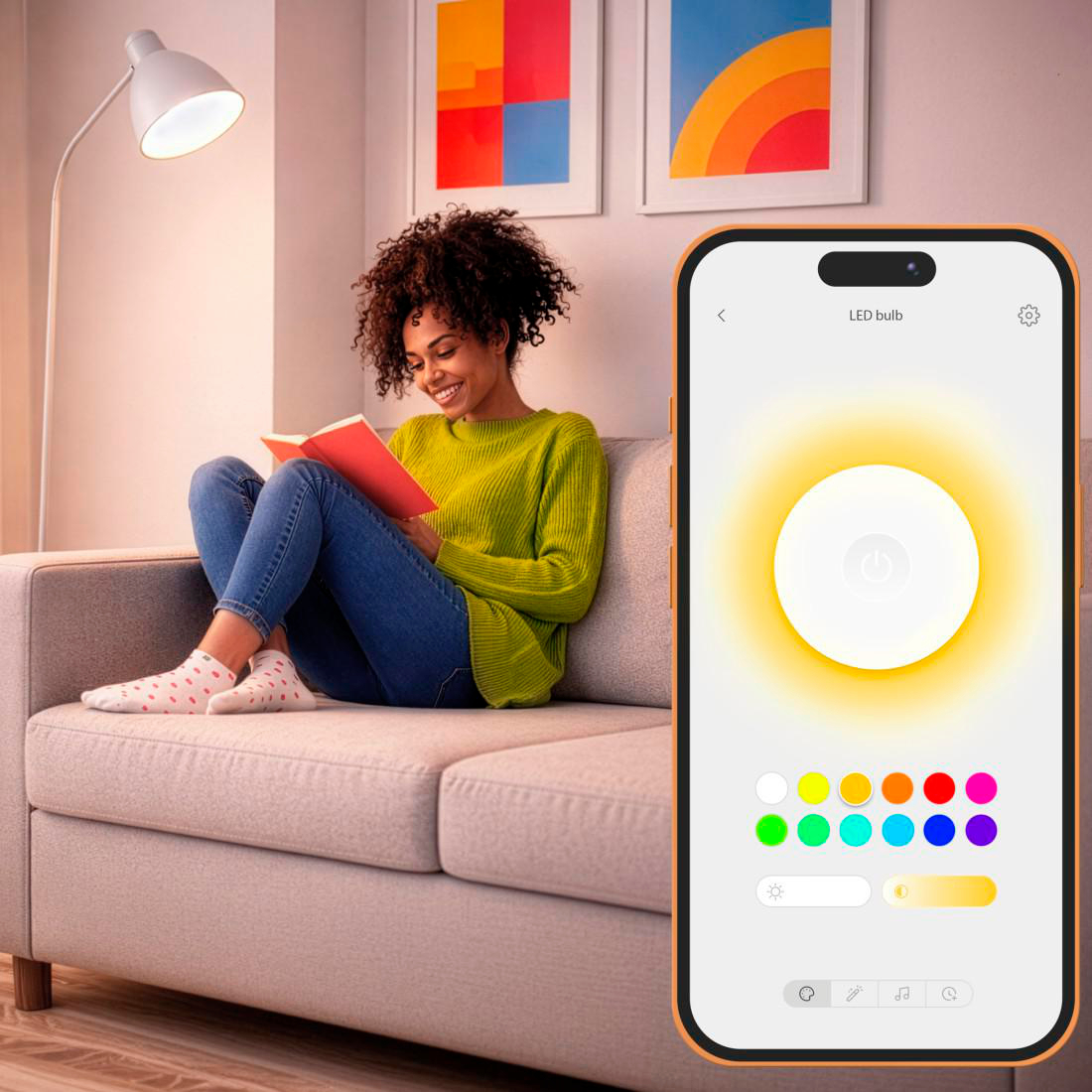 Eine Frau liest auf einem Sofa, während ein Smartphone eine App zur LED-Steuerung zeigt.