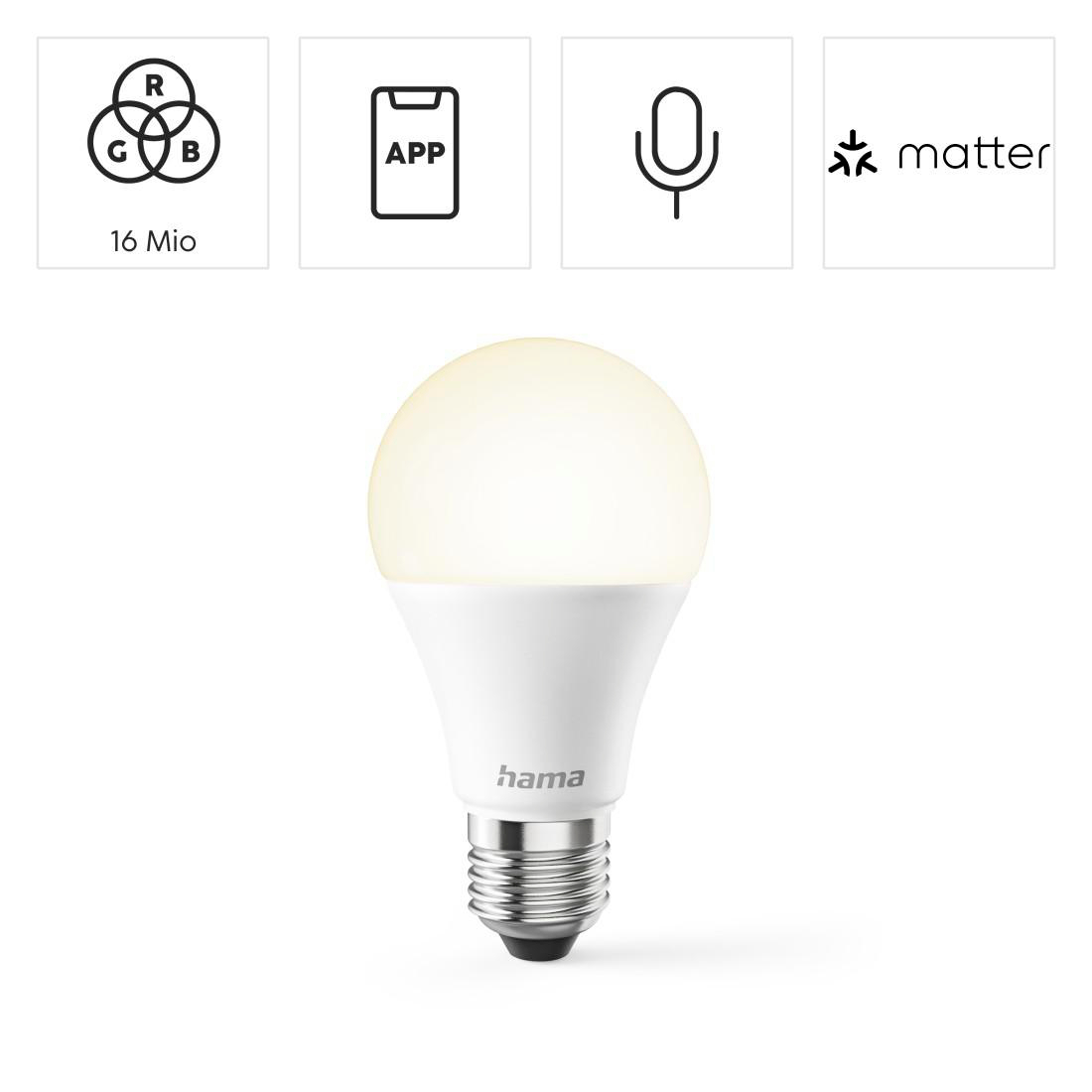 Eine Hama-LED-Glühbirne mit Symbolen für RGB, App-Steuerung, Sprachsteuerung und Matter.