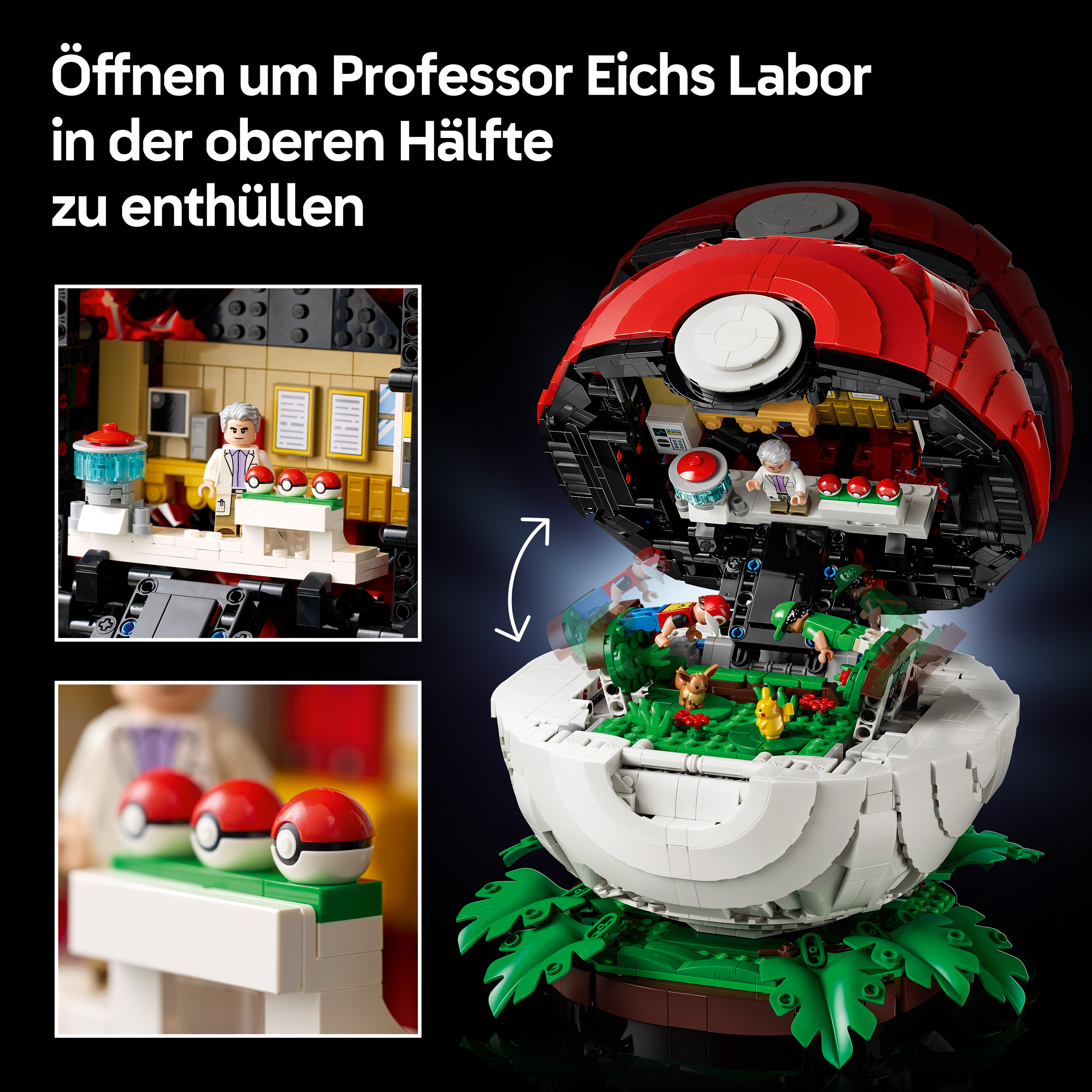Lego-Pokéball öffnet sich, um Professor Eichs Labor und Figuren zu enthüllen.
