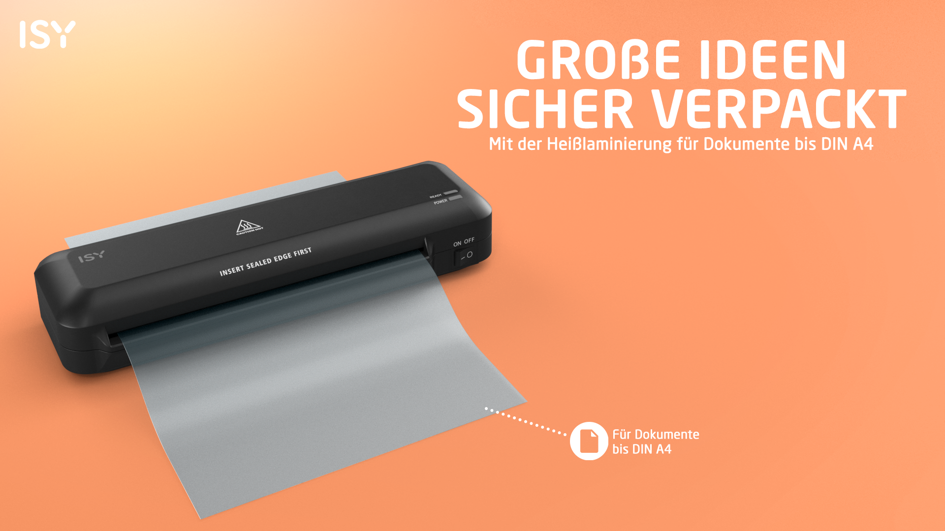 Schwarzes Laminiergerät auf orangefarbenem Hintergrund mit Text und Dokument.