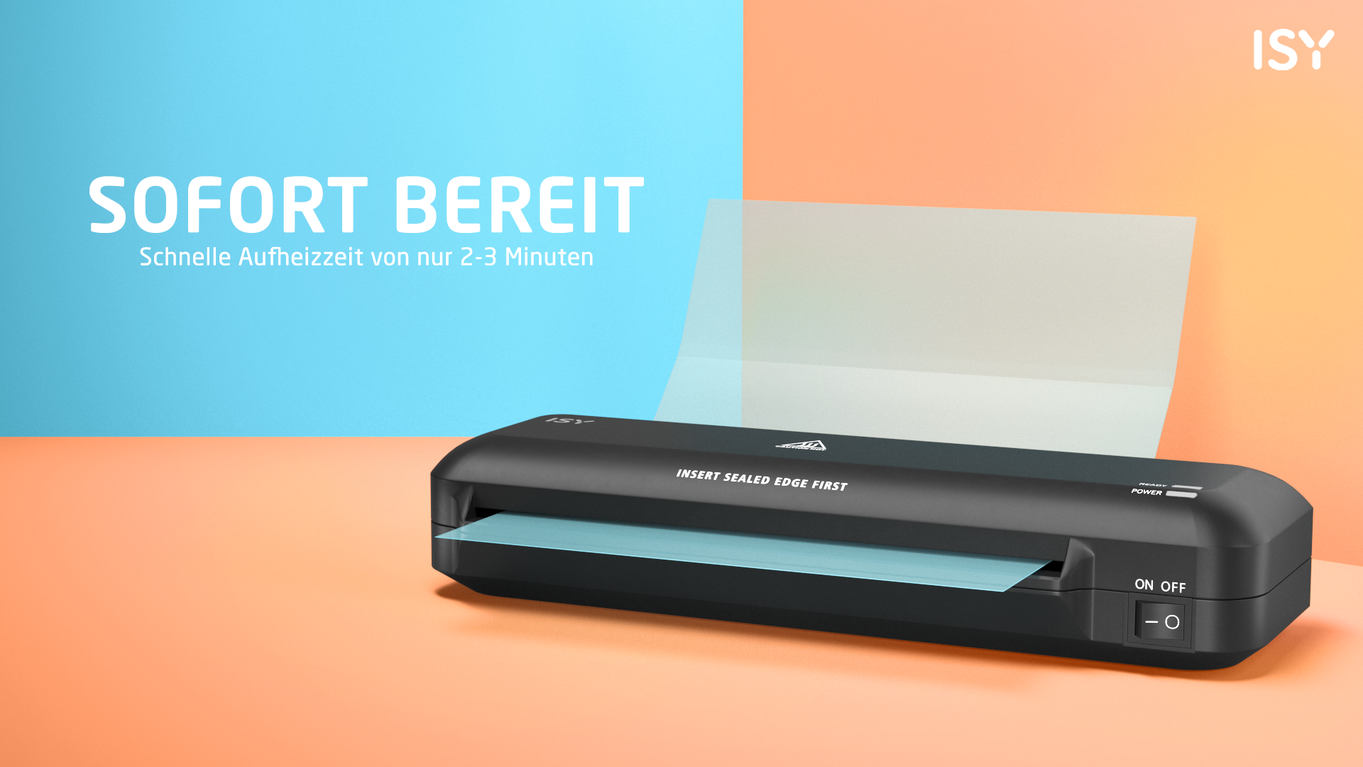 Ein schwarzes Laminiergerät auf orange-blauem Hintergrund mit Text.