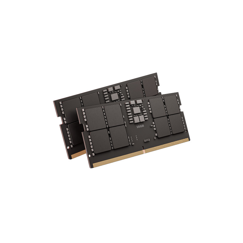 Dwa czarne moduły pamięci RAM z napisem 16GB leżą ukośnie na białym tle.