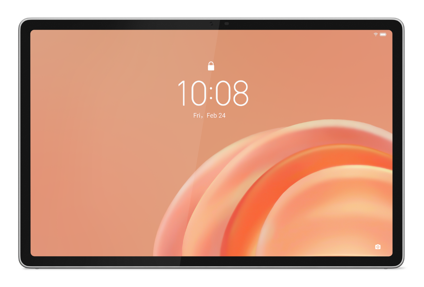 Tablet wyświetla ekran blokady z godziną 10:08 i pomarańczowym tłem.