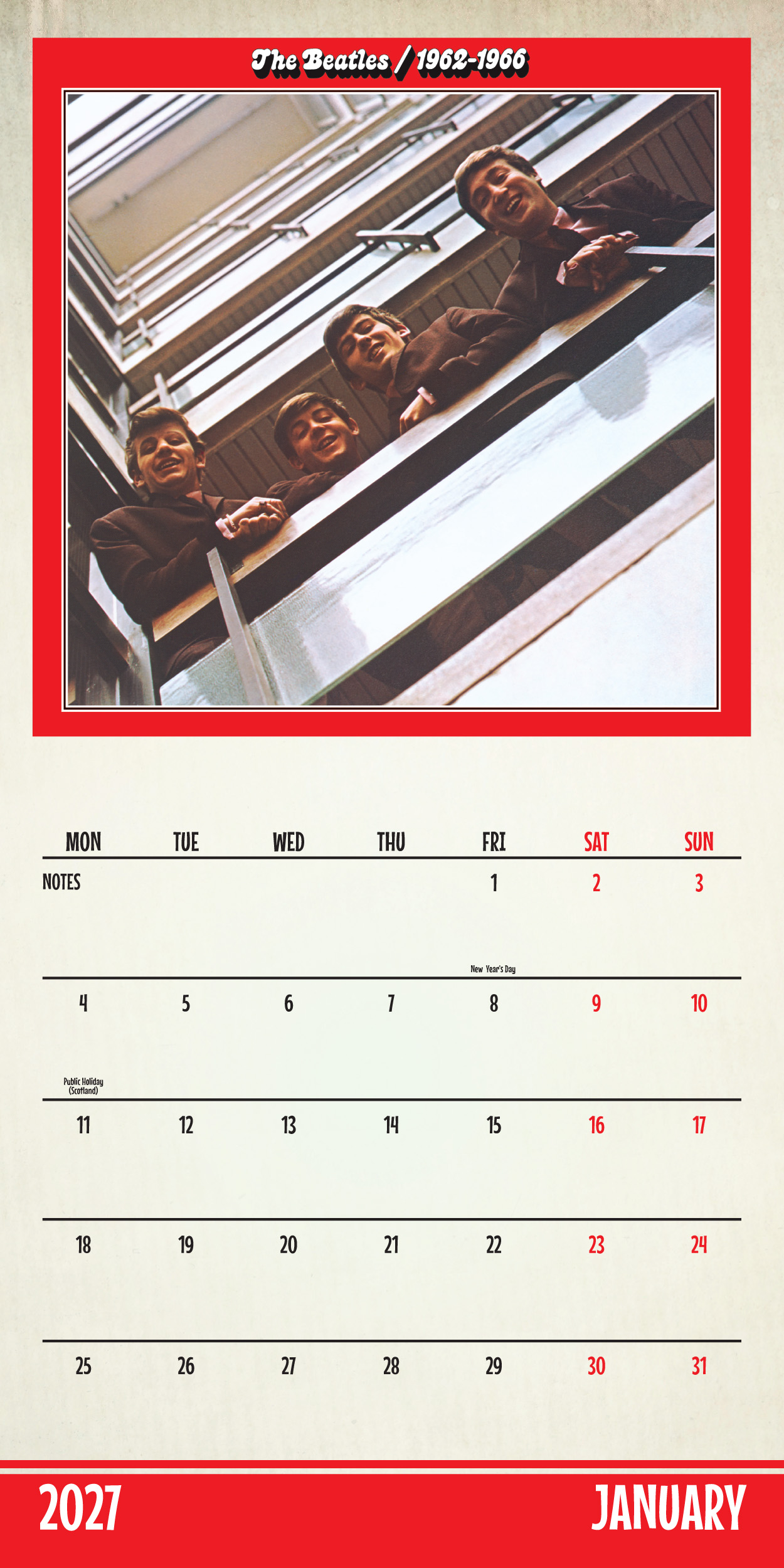 Egy 2027. januári naptároldal a Beatles együttesről és egy havi rácsról.