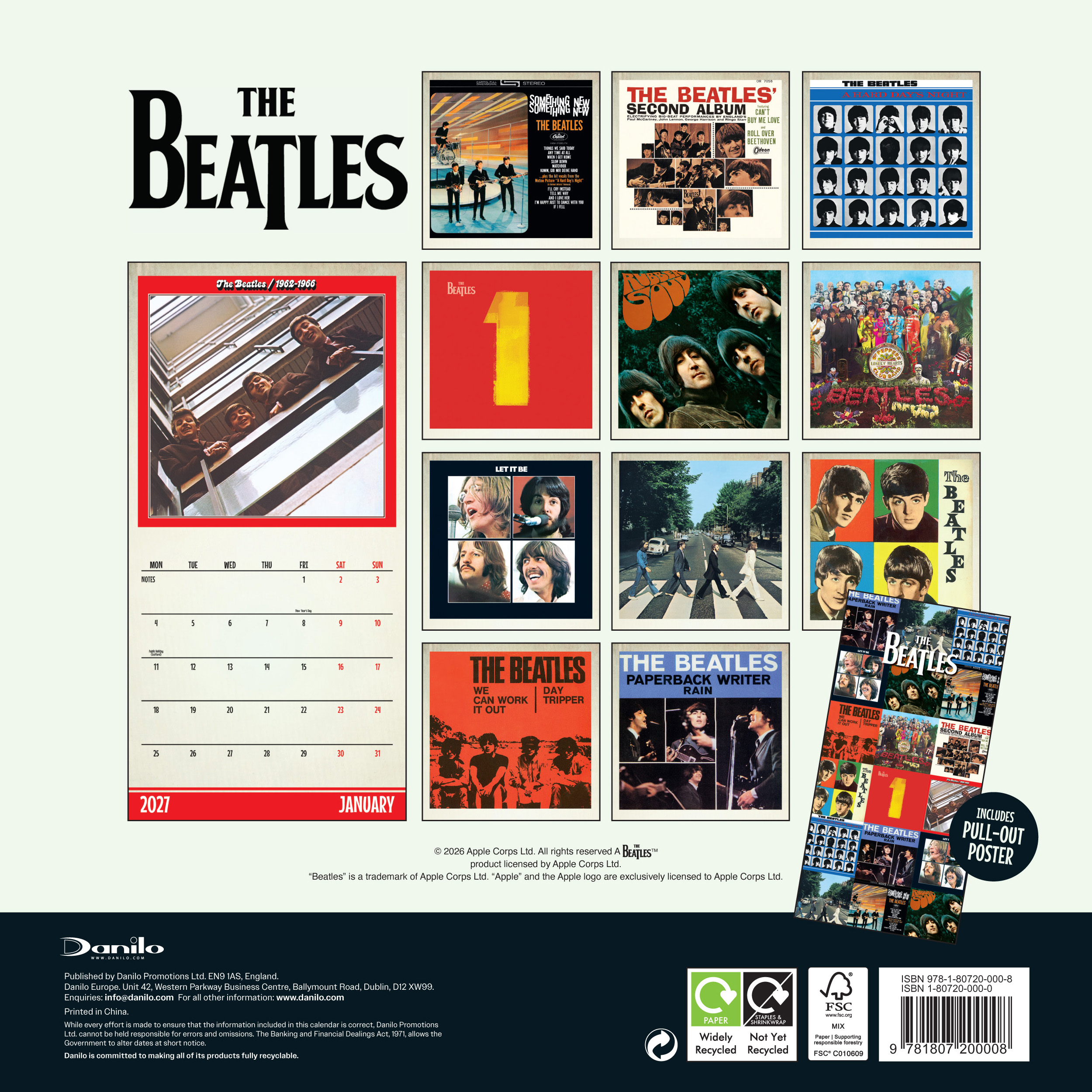 Egy 2027-es Beatles naptár albumborítókkal, fotókkal és kihajtható poszterrel.