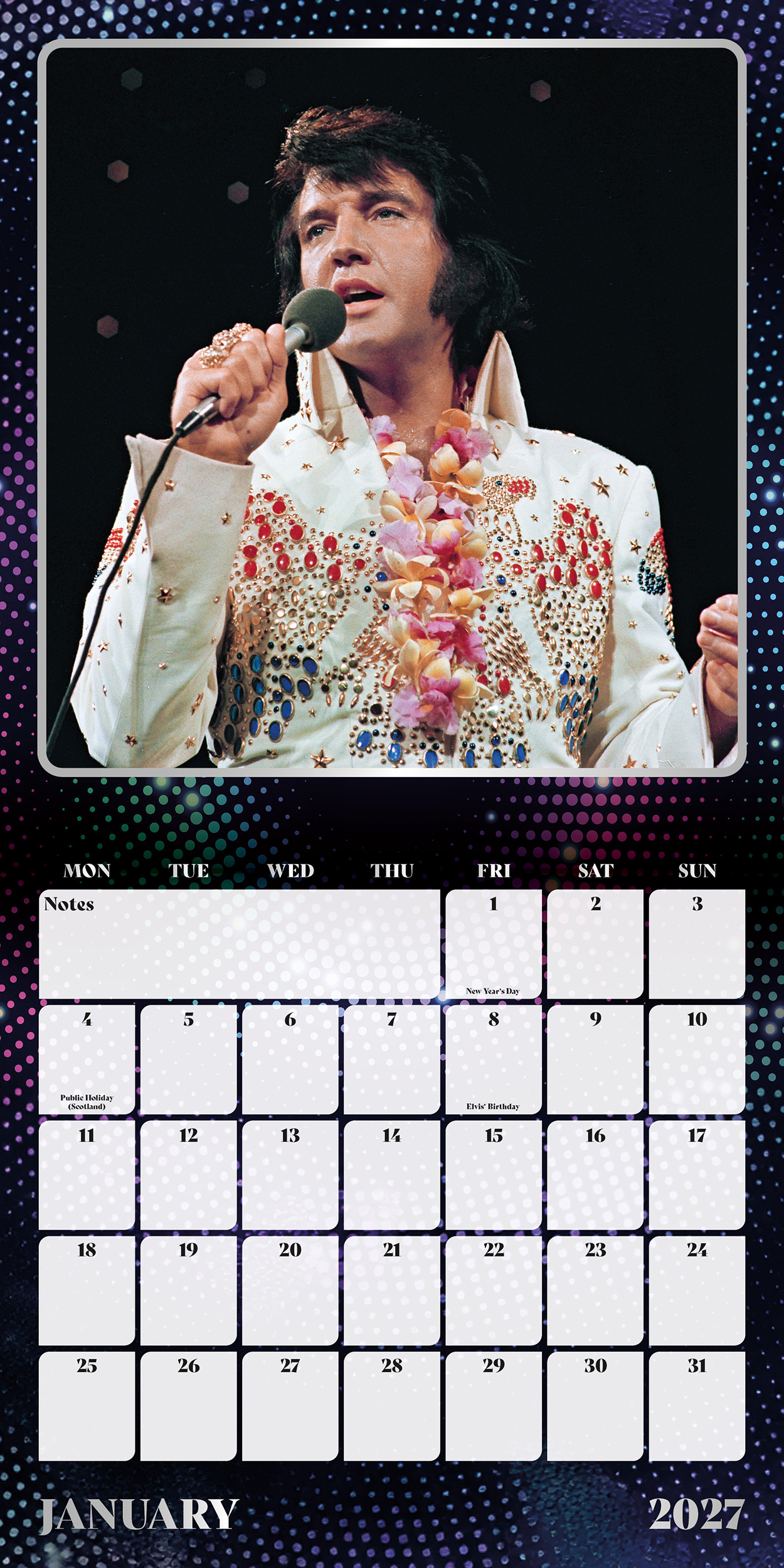 2027 januári naptár, Elvis Presley képpel ékszeres fehér ruhában és virágfüzérrel.