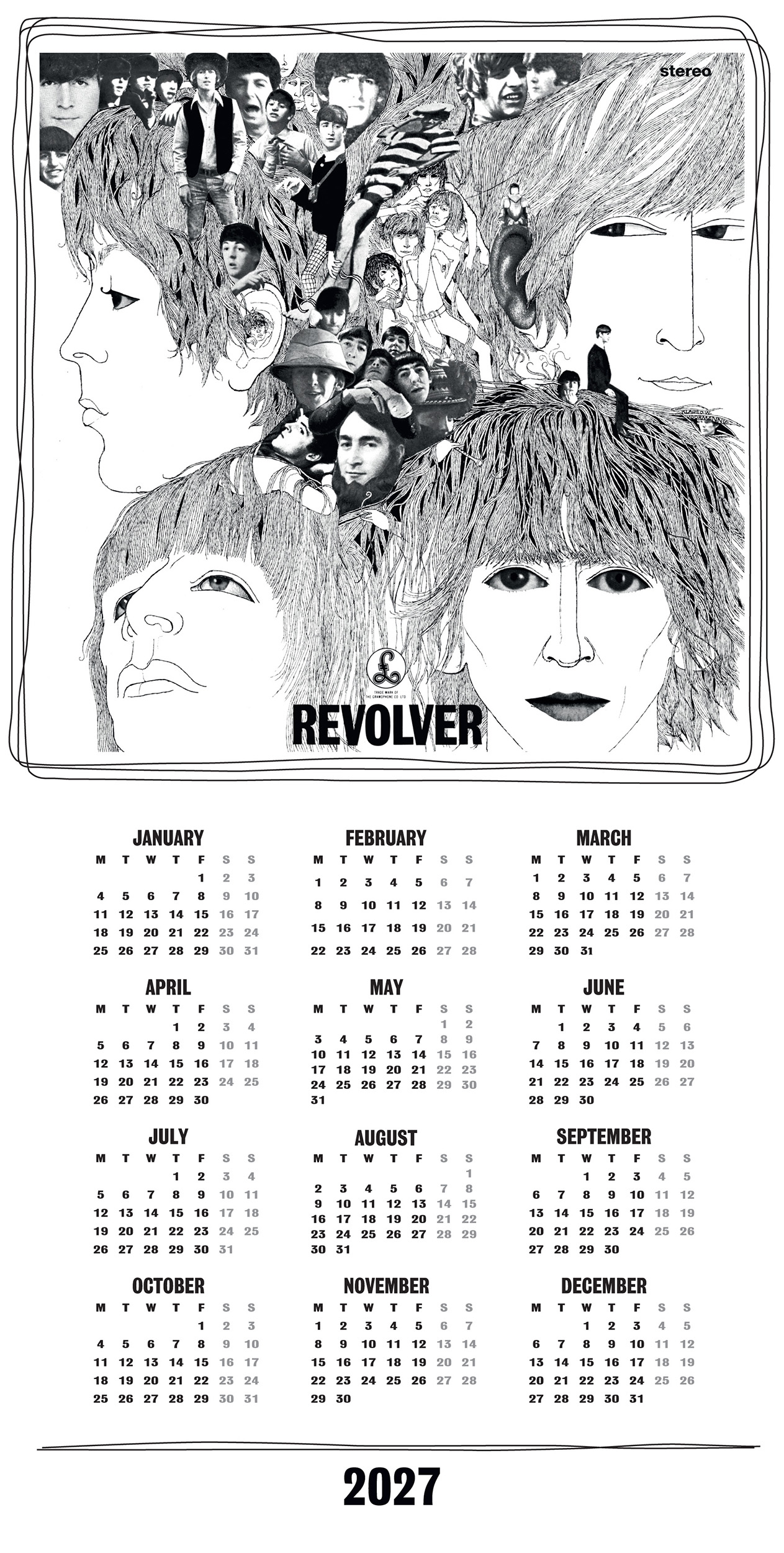 Fekete-fehér 2027-es naptár a Beatles ikonikus 'Revolver' albumának borítójával.
