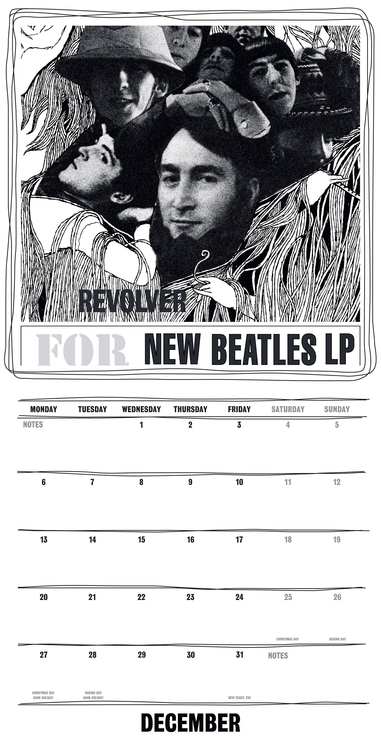 Fekete-fehér decemberi naptár Beatles-kollázzsal a tetején és a a heti napok rácsával.