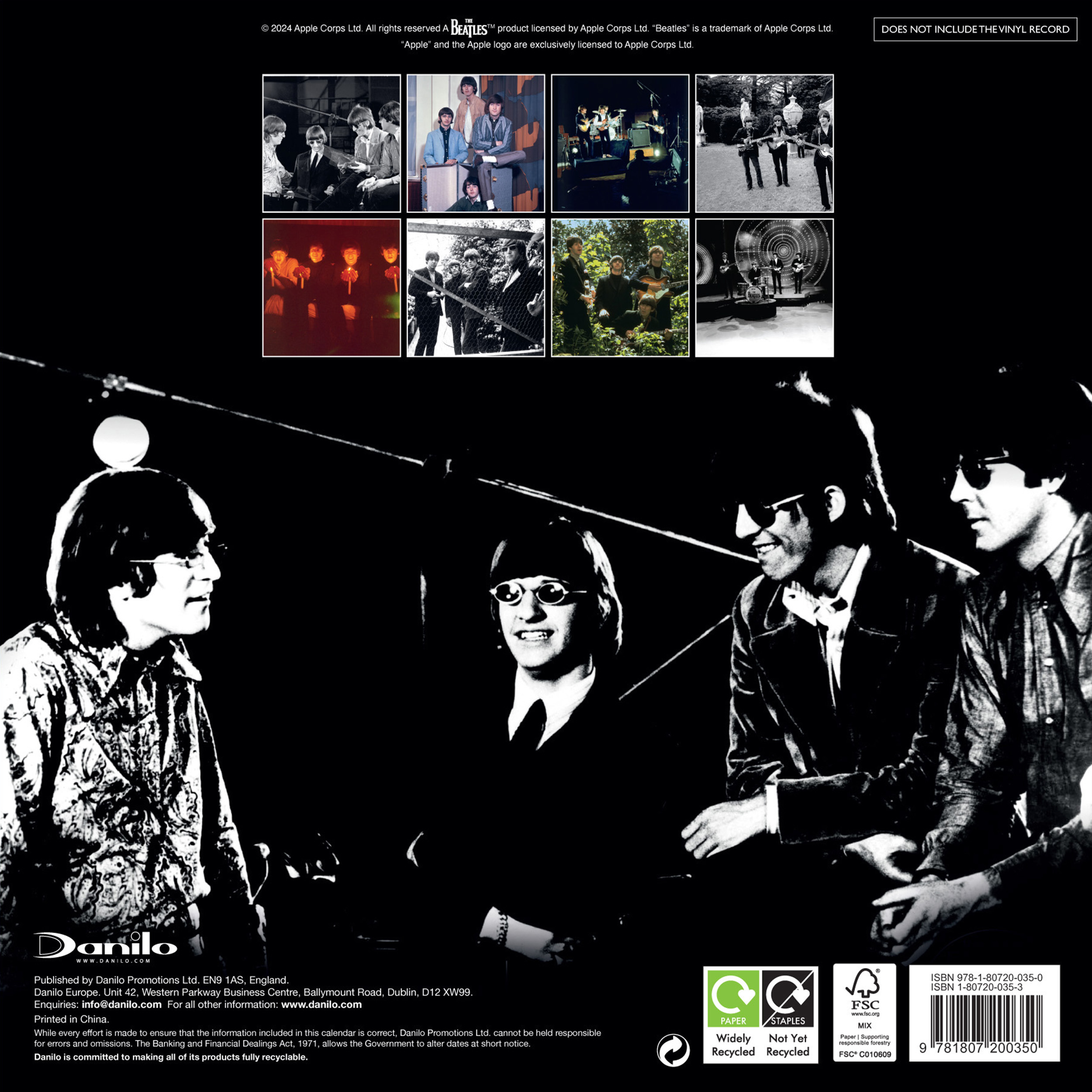 Fekete-fehér és színes fotók a Beatlesről, négy tag nagy képével és nyolc kisebbal a tetején.