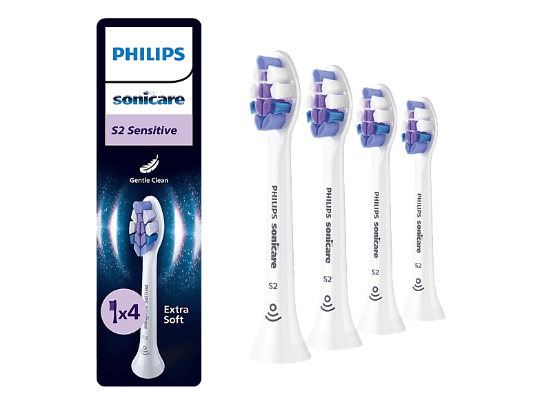 Philips Sensitive HX6054/87, Sonicare, 4 Cabezales de recambio, Control antiplaca, S2 Sensitive, Blanco