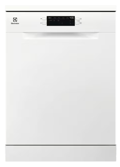 Biała zmywarka Electrolux z cyfrowym panelem sterowania.