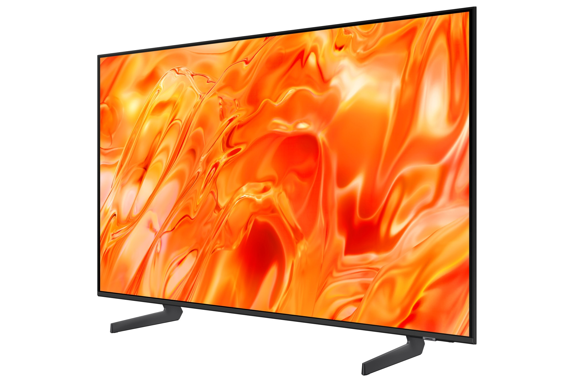 Un televisor moderno con marco negro sobre dos patas muestra un gráfico abstracto en tonos naranja y rojo.