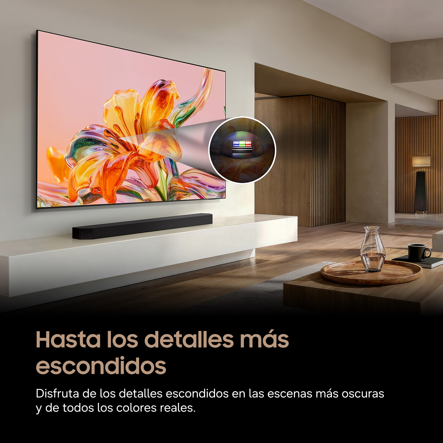 Un televisor grande muestra una flor colorida, con un acercamiento que muestra los píxeles y una barra de sonido.