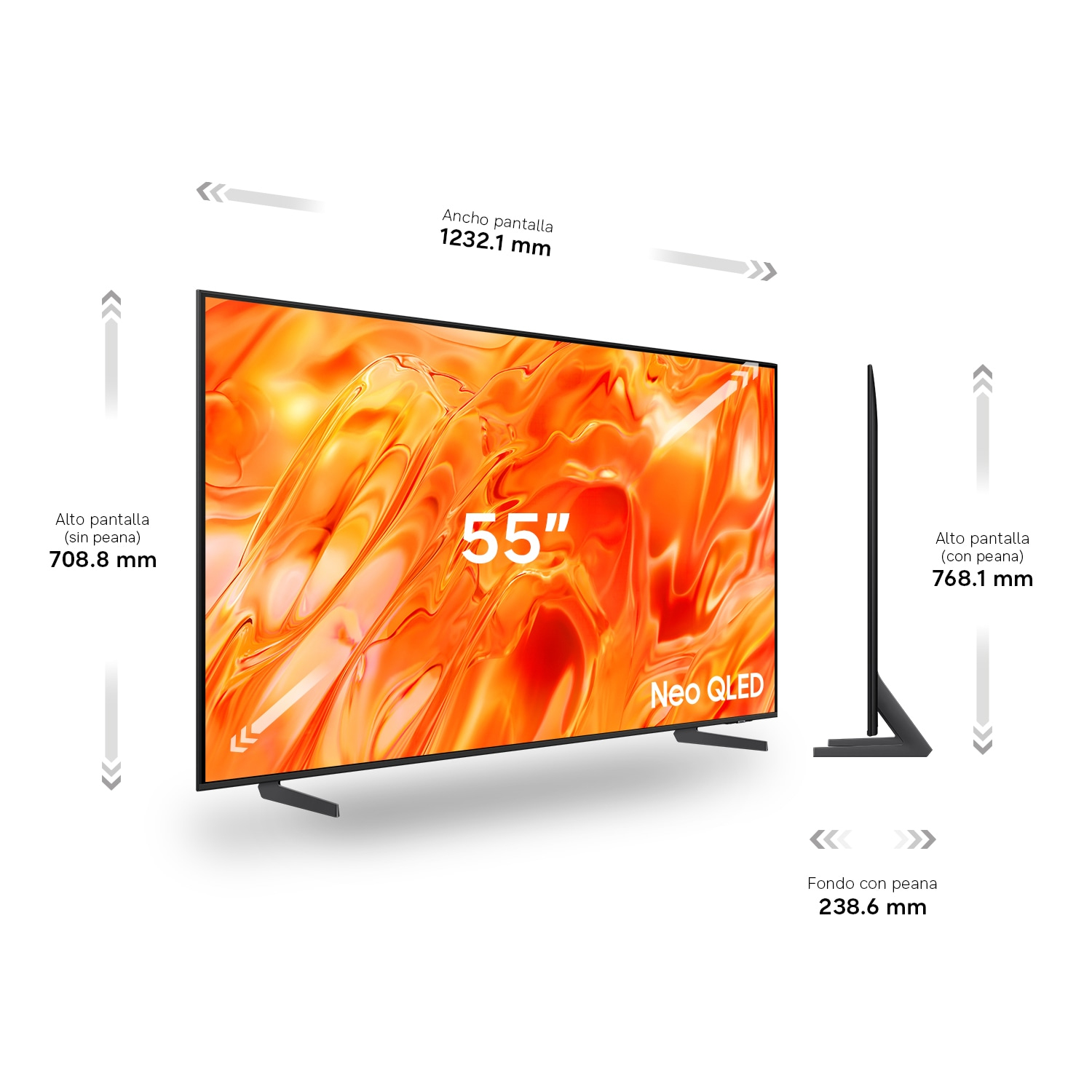Diagrama que muestra las dimensiones de un televisor Neo QLED de 55 pulgadas, incluyendo ancho, alto y fondo.