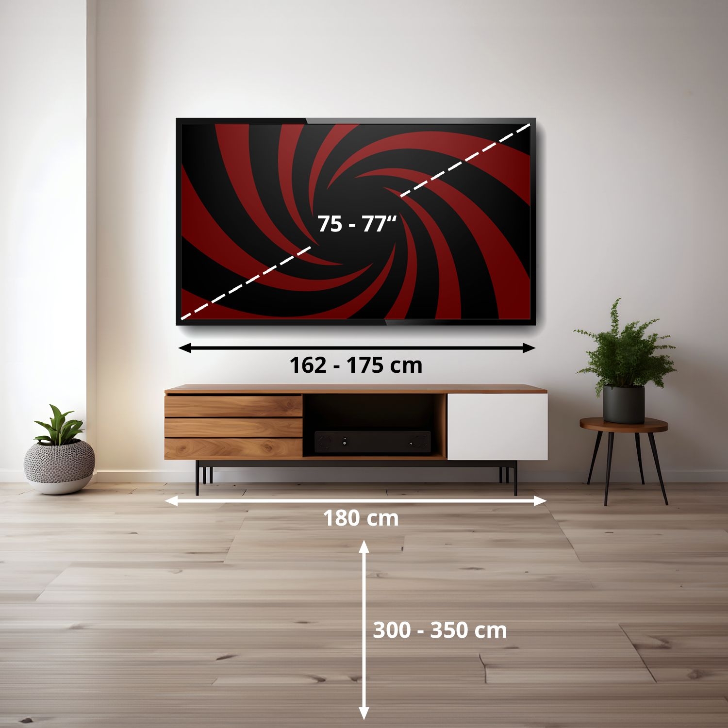 Salón con televisor grande en la pared, mueble multimedia, plantas y medidas superpuestas en centímetros.