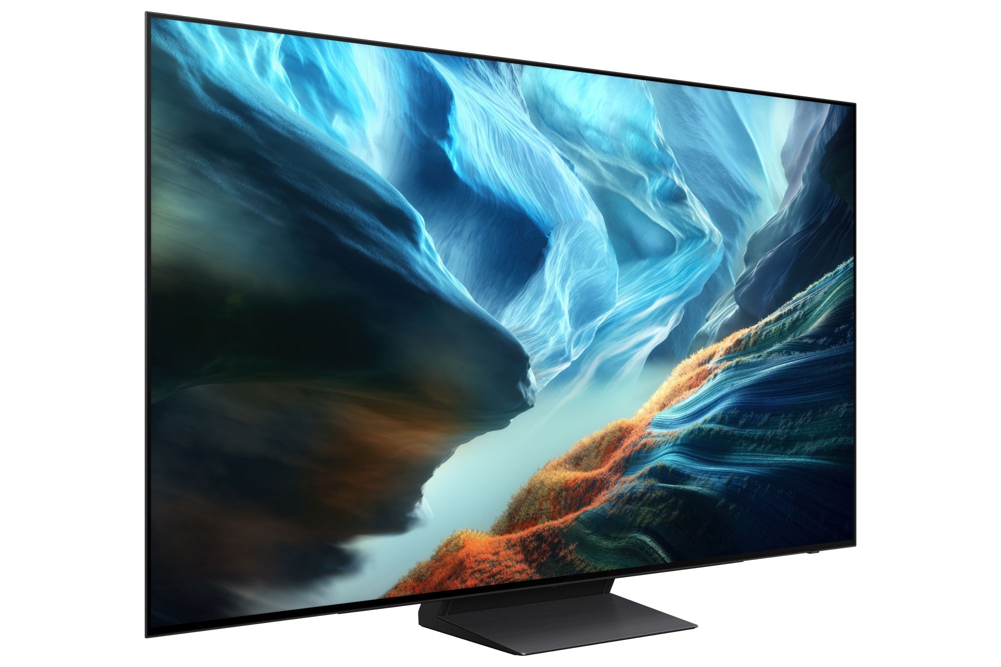 Televisor plano moderno con bisel delgado muestra un patrón natural abstracto azul y naranja en pantalla.