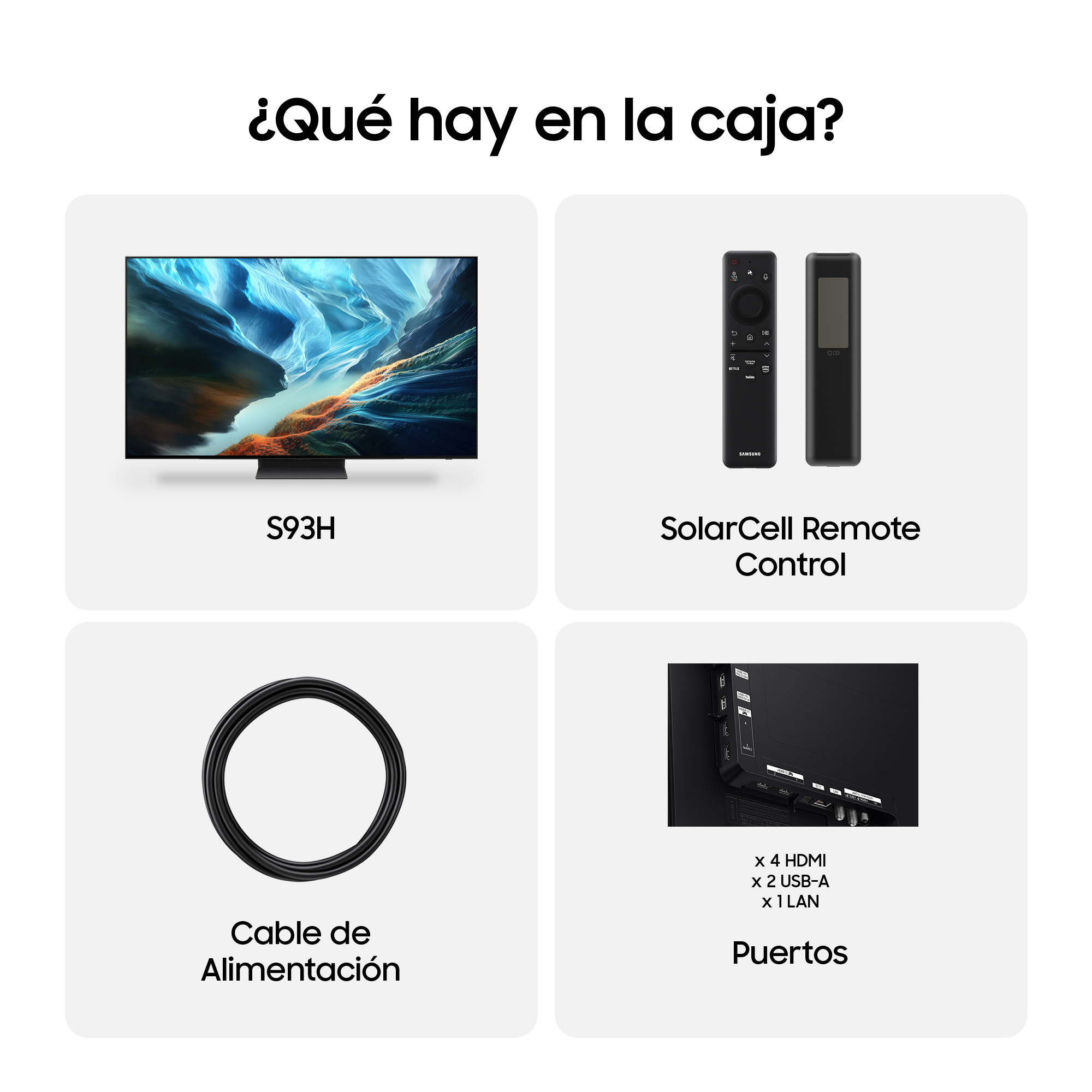 Contenido de una caja de TV: televisor S93H, control remoto SolarCell, cable de alimentación y puertos traseros.
