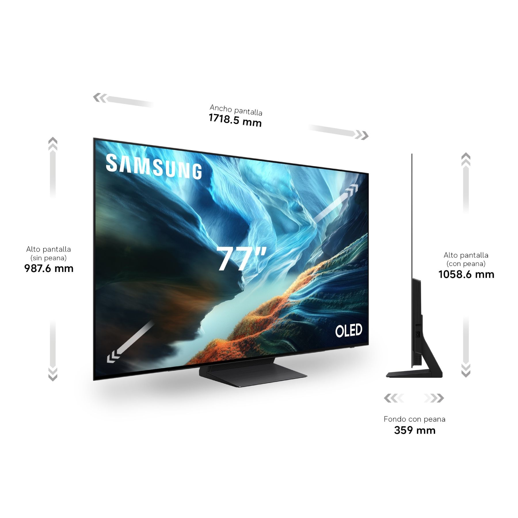 Diagrama que muestra las dimensiones de un televisor OLED Samsung de 77 pulgadas con vistas frontal y lateral.