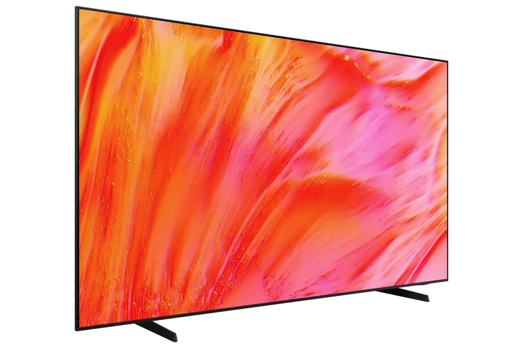 Un televisor de pantalla plana con un marco delgado muestra patrones abstractos en rojo y naranja.