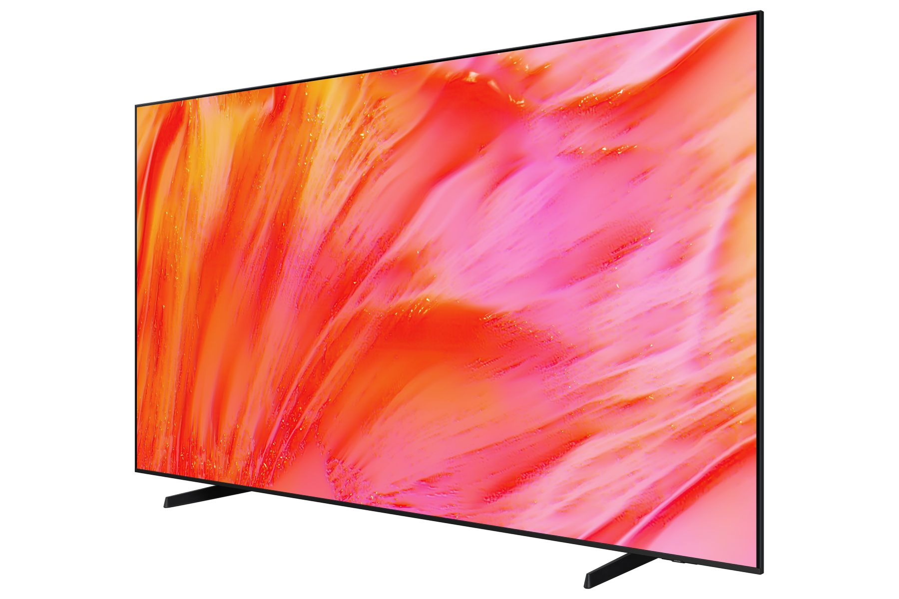 Televisor de pantalla plana con marco negro y soportes muestra un patrón abstracto rosa y naranja.