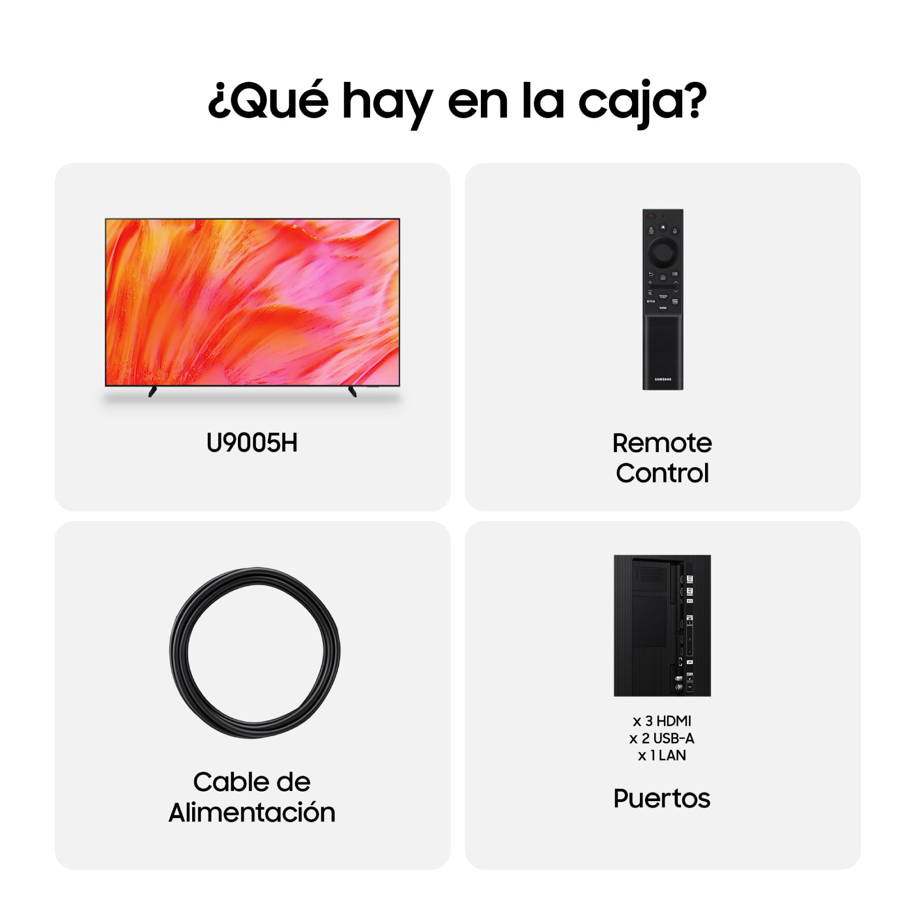 Qué hay en la caja: televisor U9005H, control remoto, cable de alimentación y puertos.