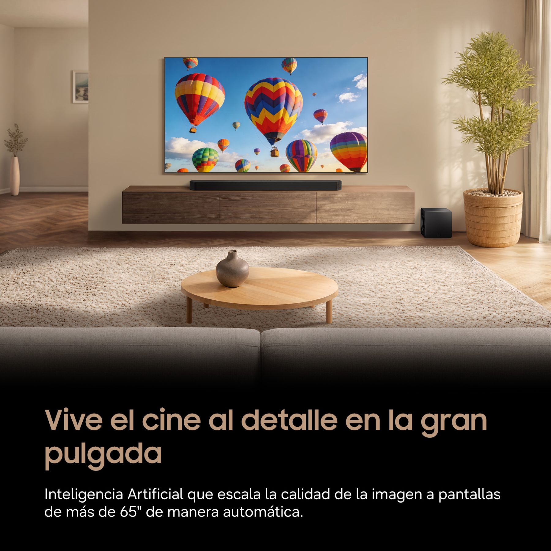 Sala con TV que muestra globos aerostáticos, barra de sonido, muebles de madera, alfombra y planta; texto al frente.