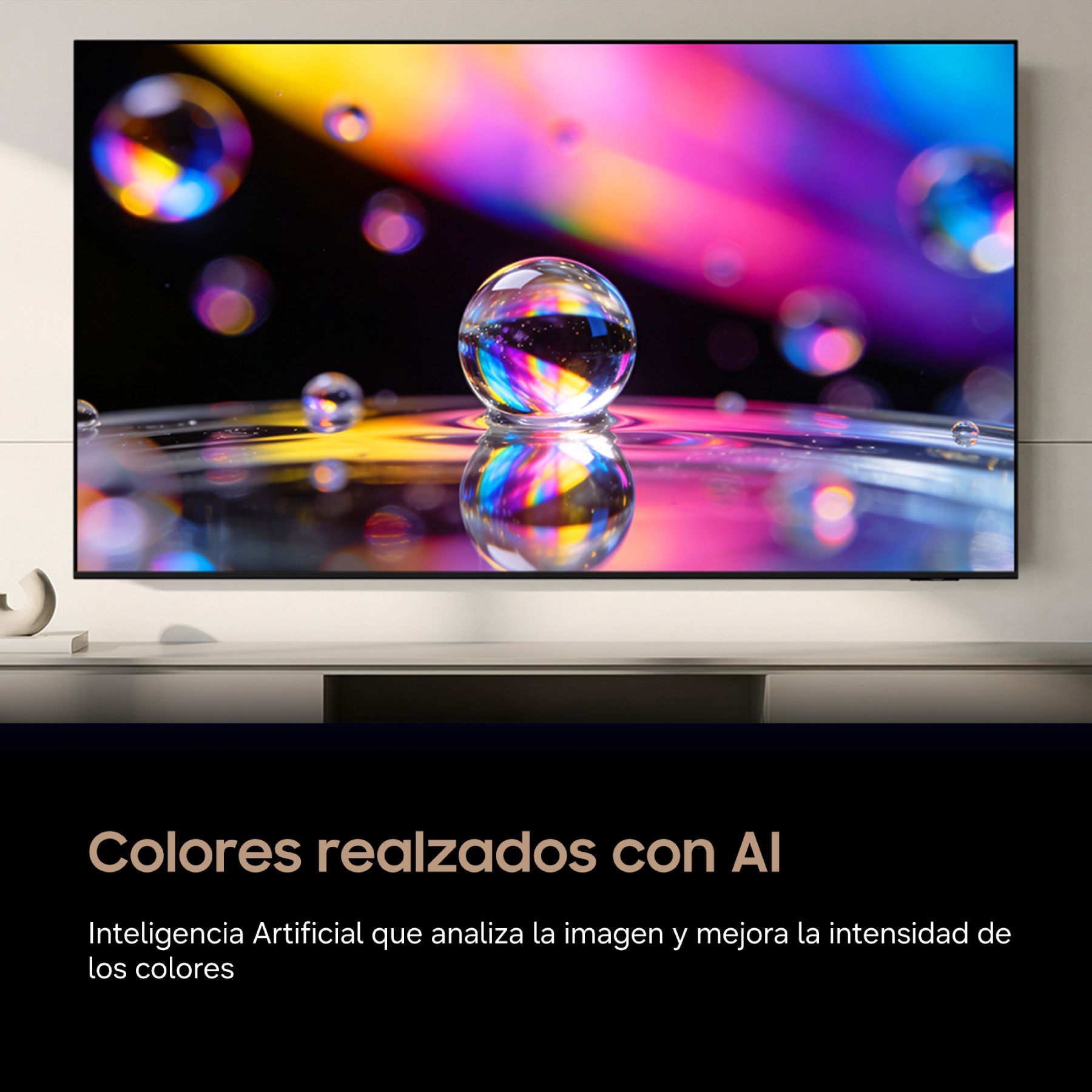 Un televisor de pantalla plana muestra gotas de agua coloridas y reflejos de luz sobre un mueble.