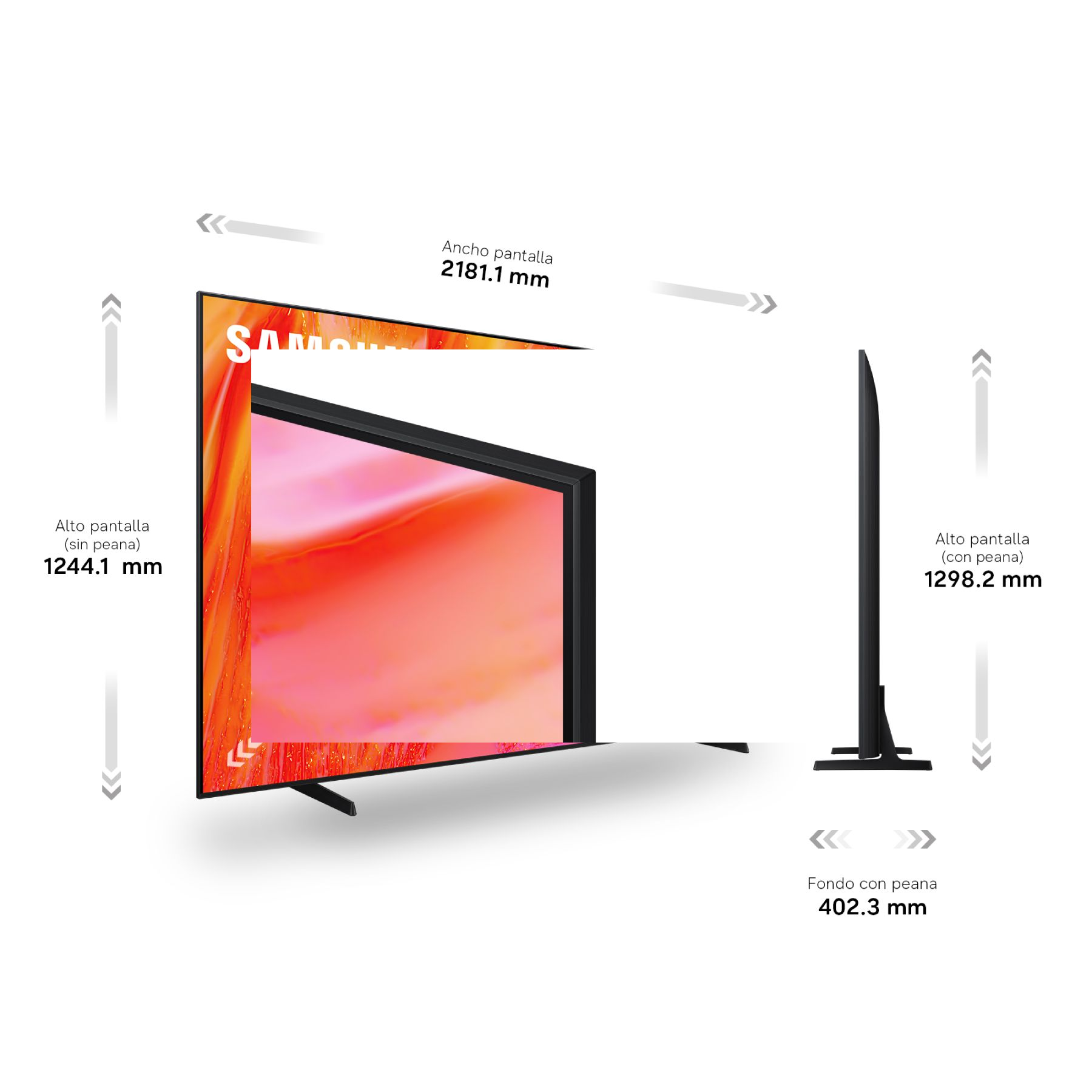 Diagrama técnico que muestra las dimensiones de un televisor en milímetros.