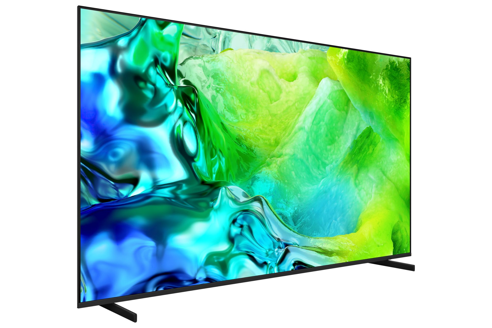 Televisor de pantalla plana con una colorida pantalla de arte abstracto verde y azul sobre un fondo blanco.
