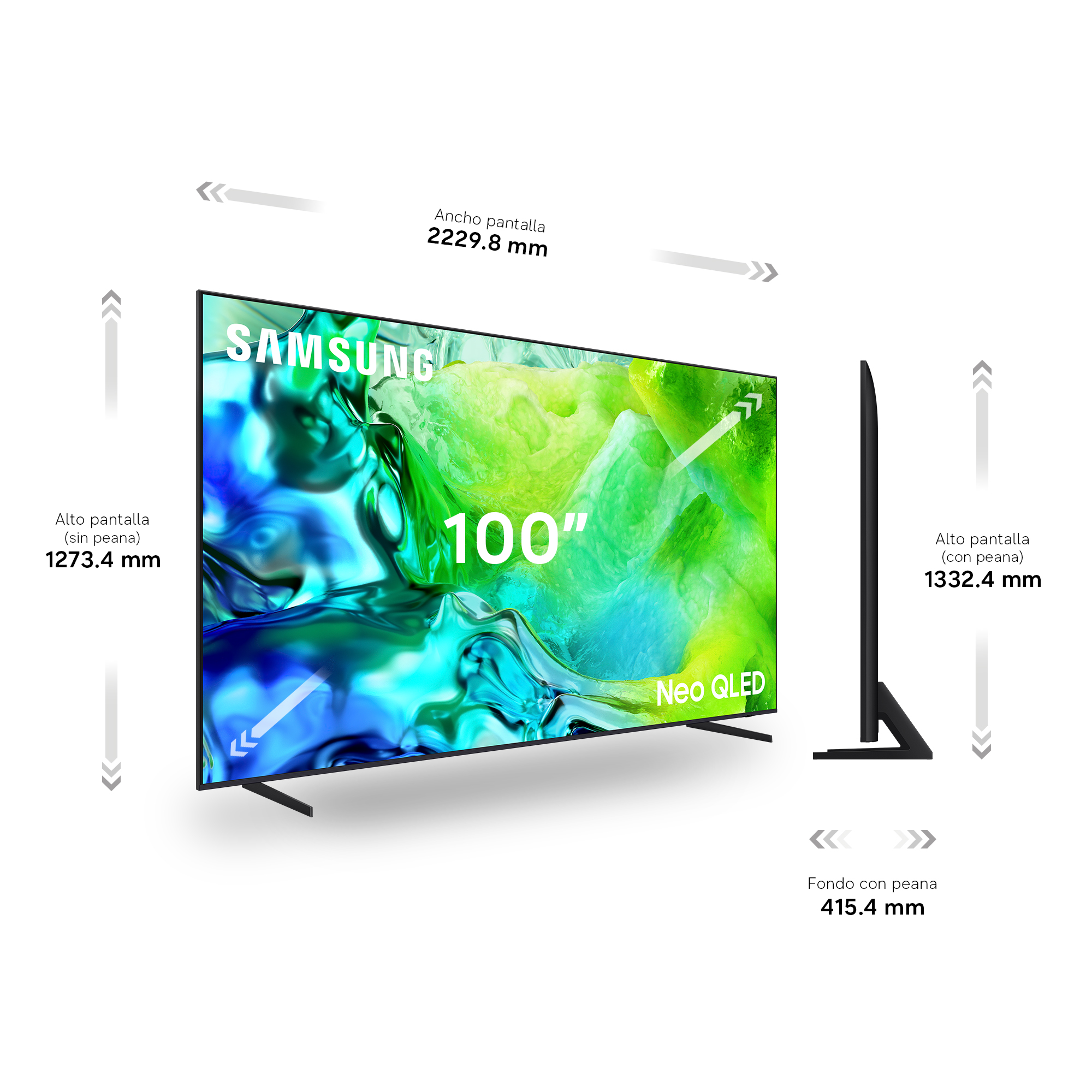 Televisor Samsung Neo QLED 100" con medidas de alto, ancho y fondo mostradas en fondo blanco.