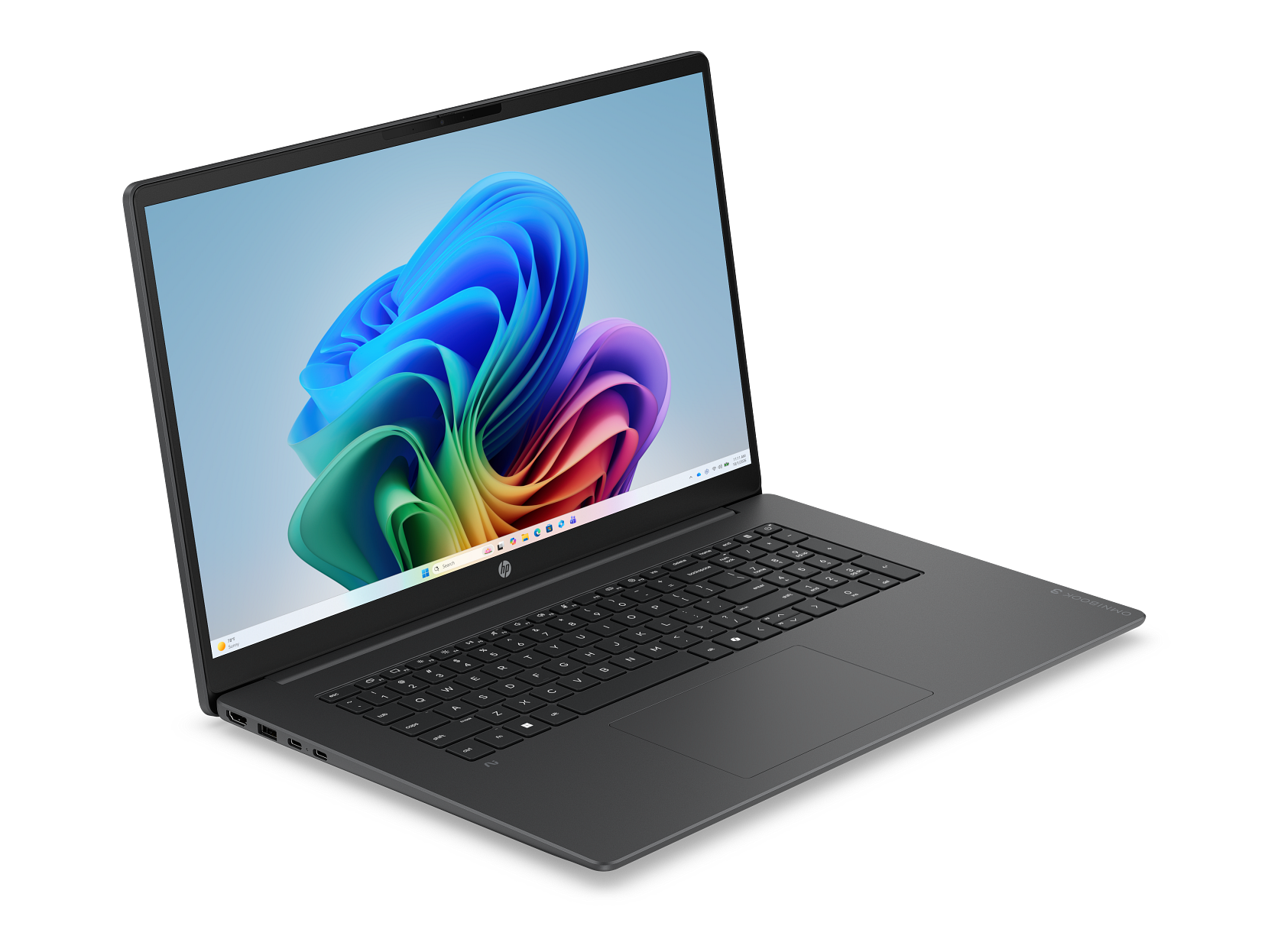 Ciemnoszary laptop HP na czarnym tle z jasnym, niebiesko-fioletowym abstrakcyjnym tapetą na ekranie.
