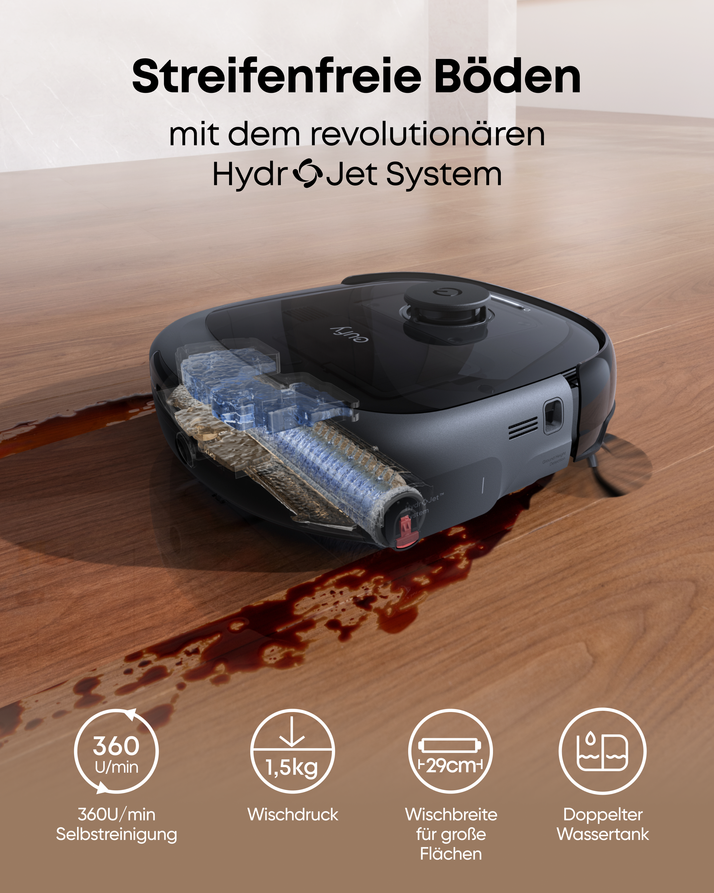 Ein schwarzer Saugroboter reinigt einen Holzboden, mit sichtbarem Wischsystem und Symbolen für Funktionen unten.