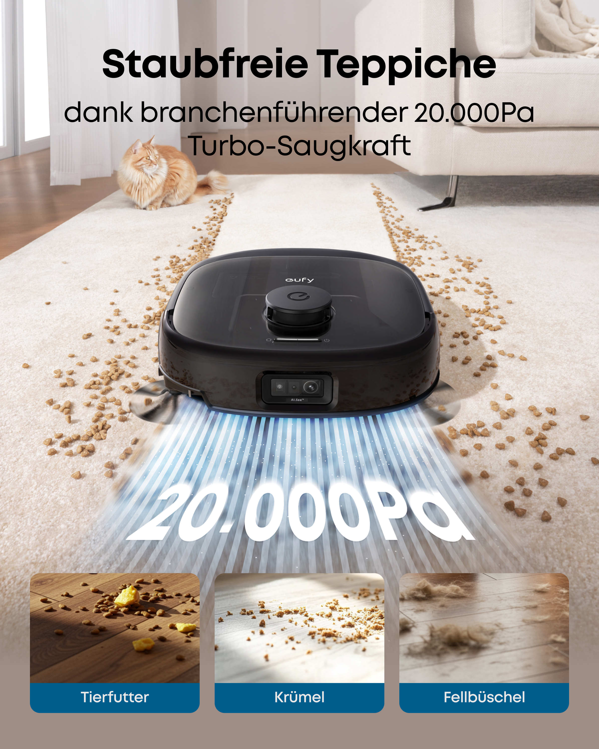Ein schwarzer Saugroboter reinigt Tierfutter auf einem Teppich, mit drei Inset-Fotos von Futter, Krümeln und Fell.