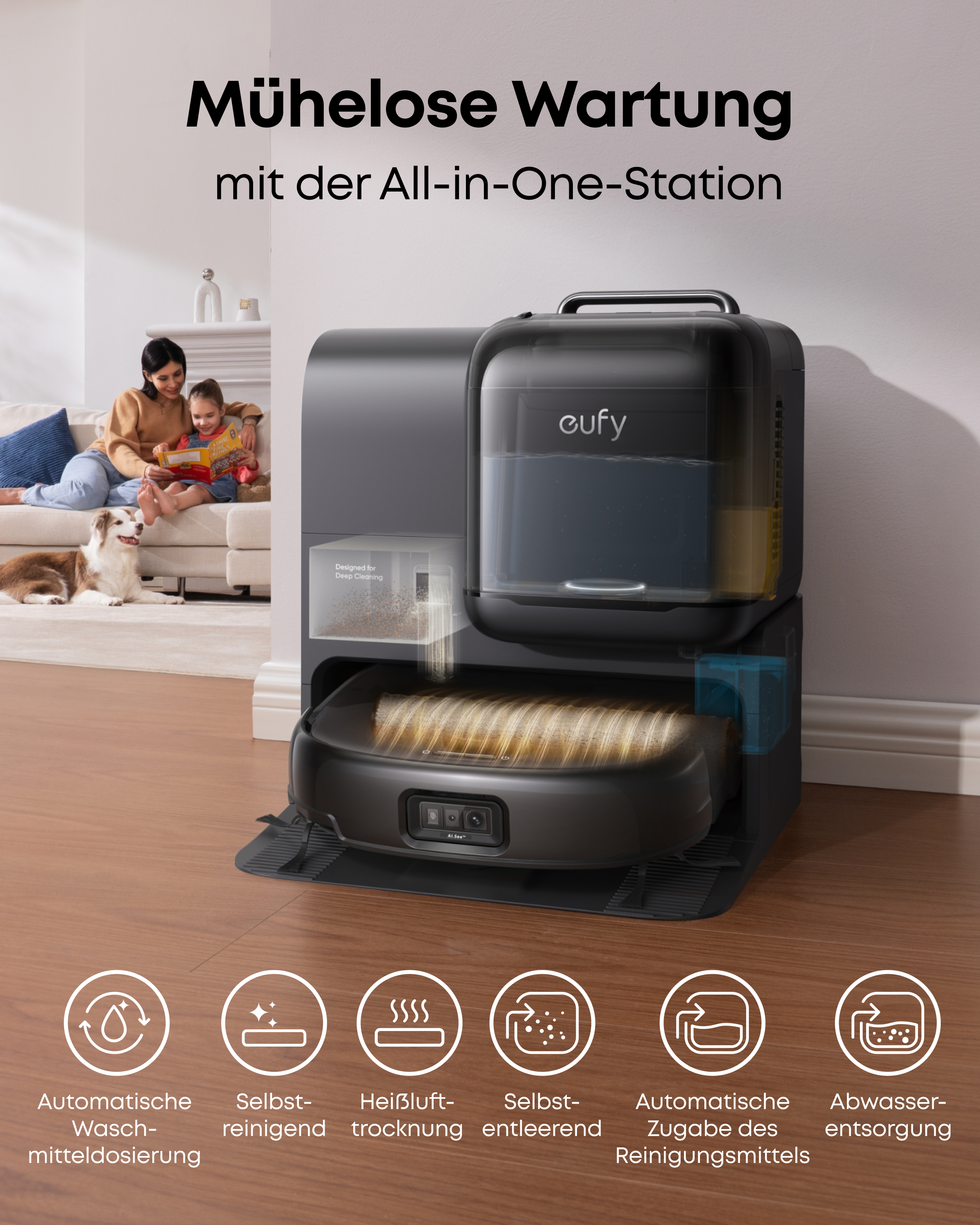 Eufy All-in-One-Station in einem modernen Wohnzimmer mit Emojis für Funktionen.