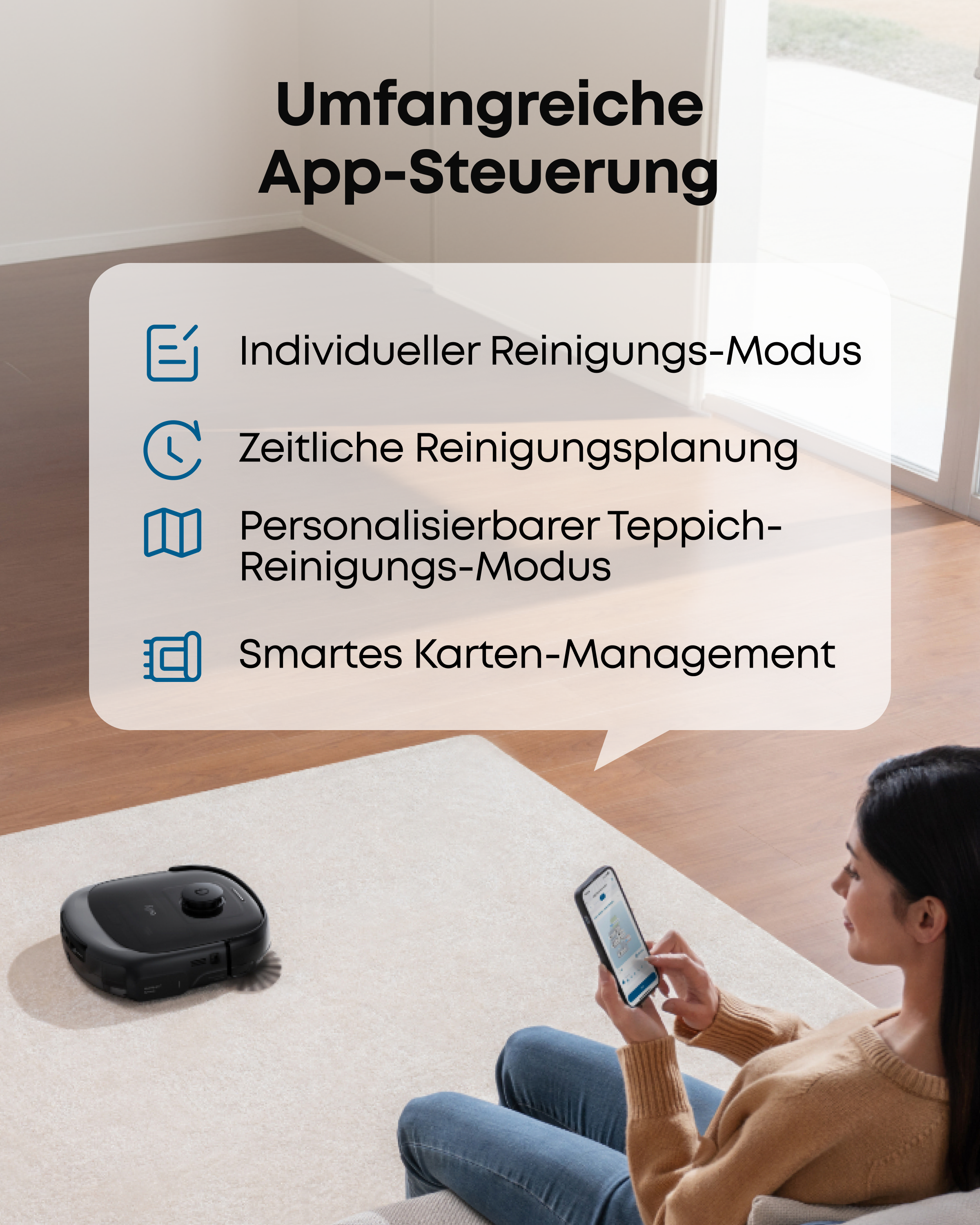 Eine Frau steuert einen Saugroboter per Smartphone-App mit Menüpunkten auf einem weißen Overlay.