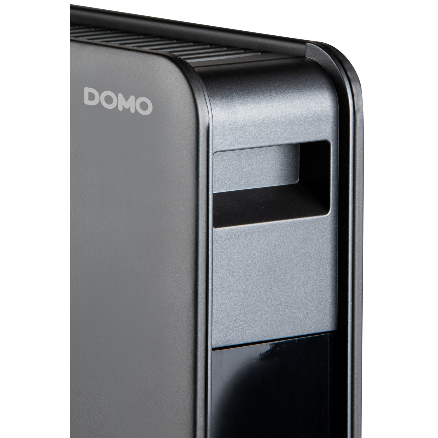 A gray electronic device with the white DOMO logo and a carrying handle against a white background.