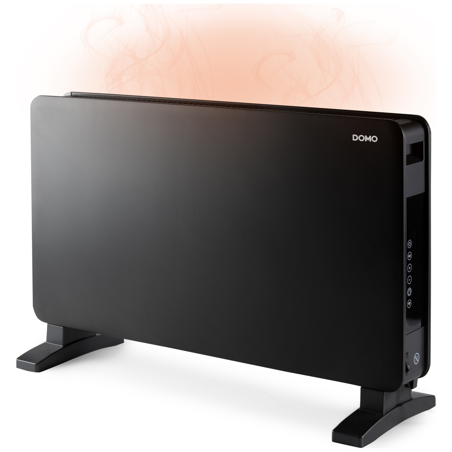 A black space heater with orange heat waves rising from the top and control buttons on the side.