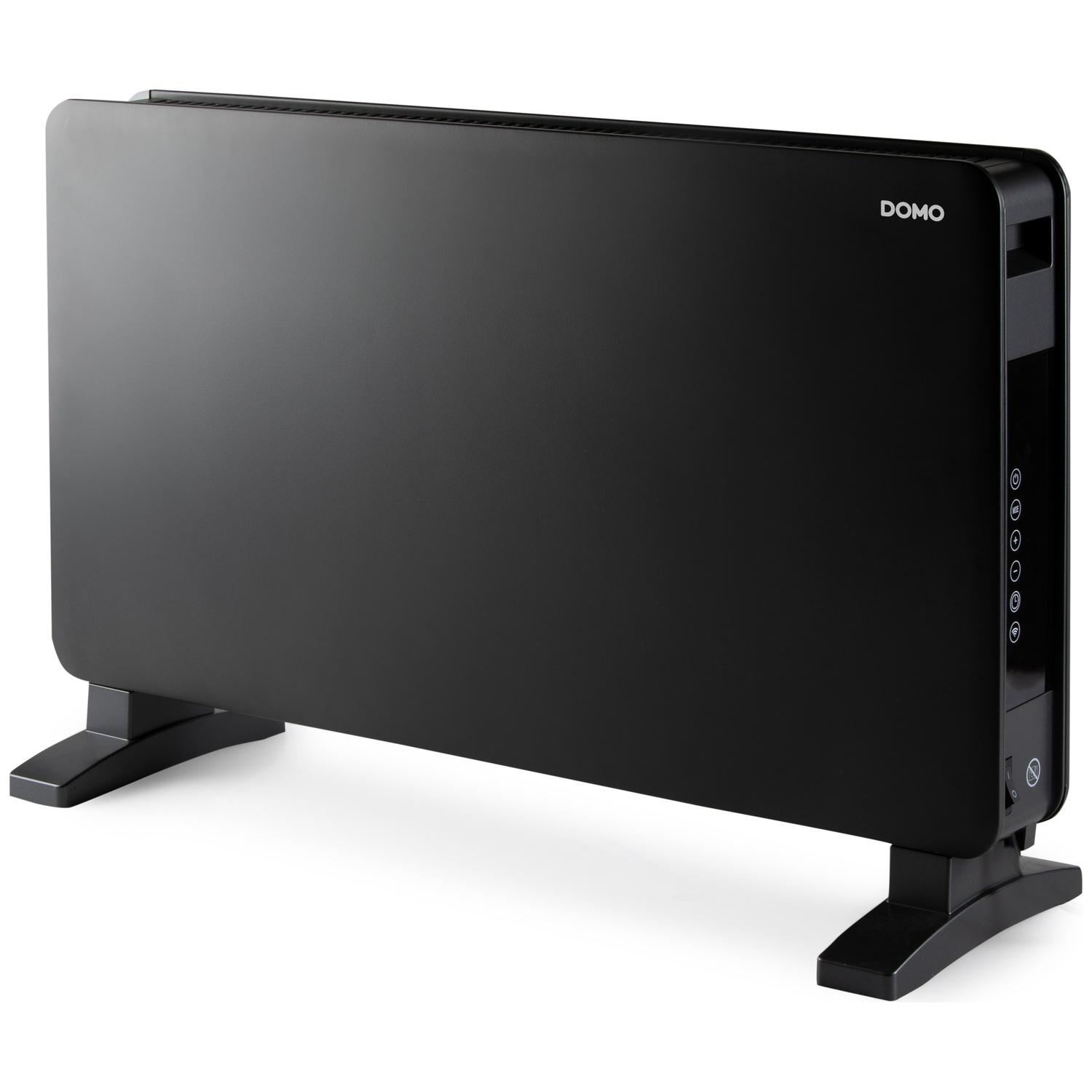 A black portable electric heater with the Domo logo and side control panel stands on a white surface.
