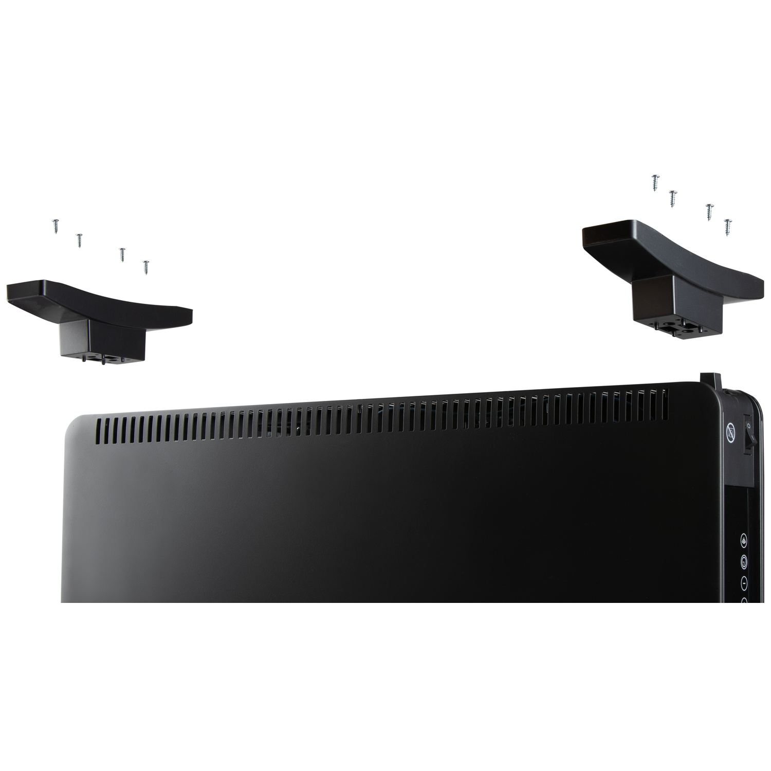 Black heater with two stands and four screws on a white background.