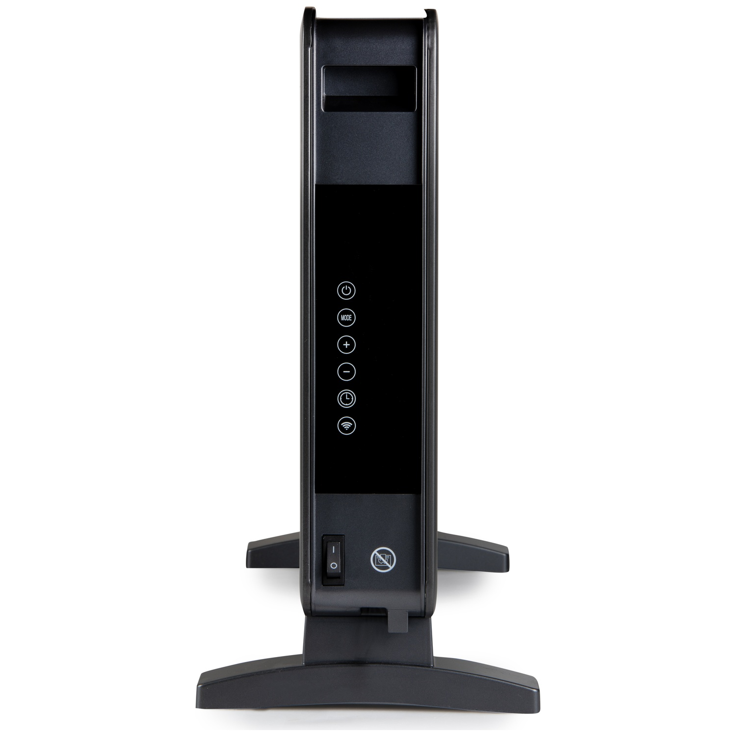 A black vertical heater with control buttons, power switch, and a wide base, isolated on a white background.