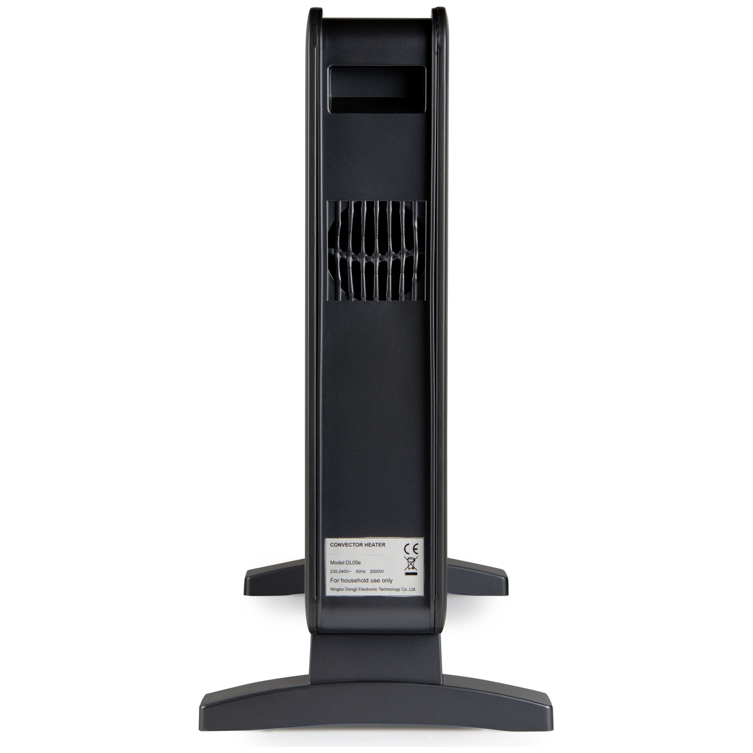 A black convector heater stands vertically on a white background, featuring a label and a grill.